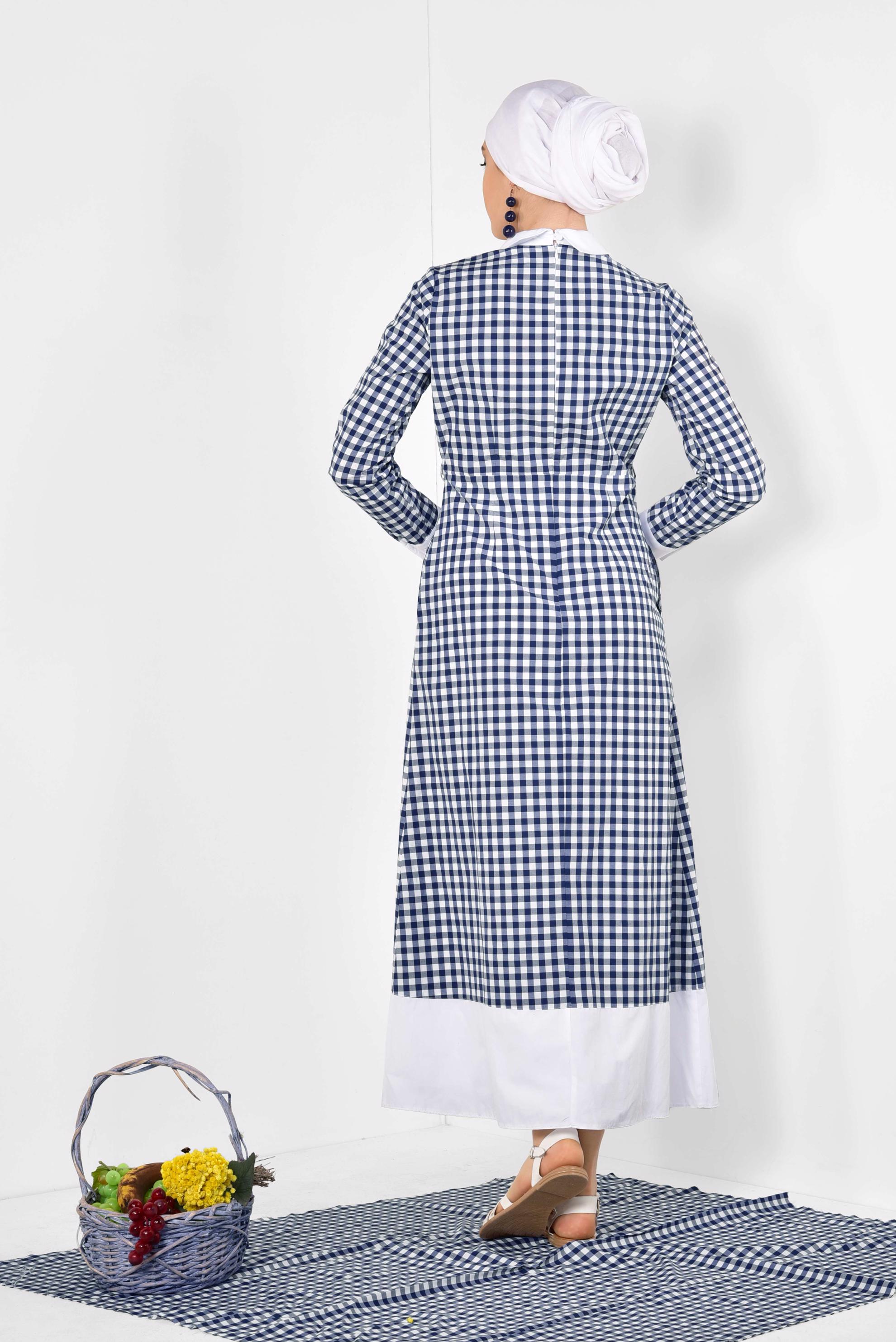 Tesettür giyim LACİVERT ERKEK YAKA EKOSE DESENLİ ELBİSE 4906