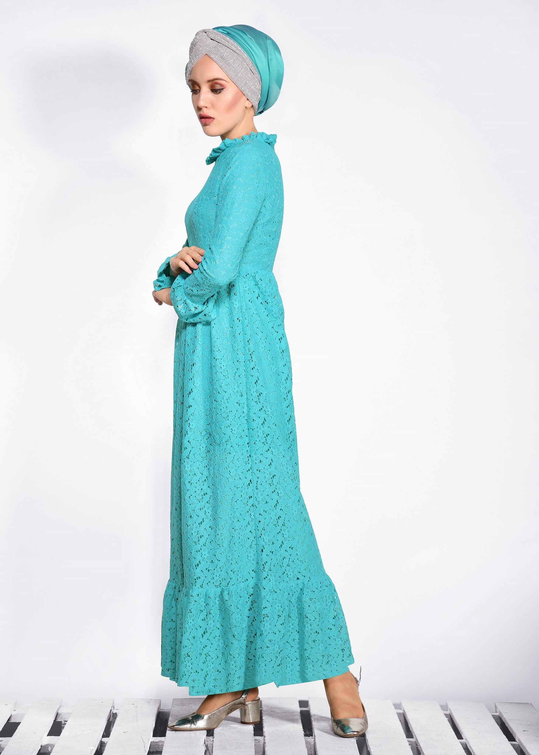 Tesettür giyim MAVİ BELİ KUŞAKLI DANTEL ELBİSE 4359-1