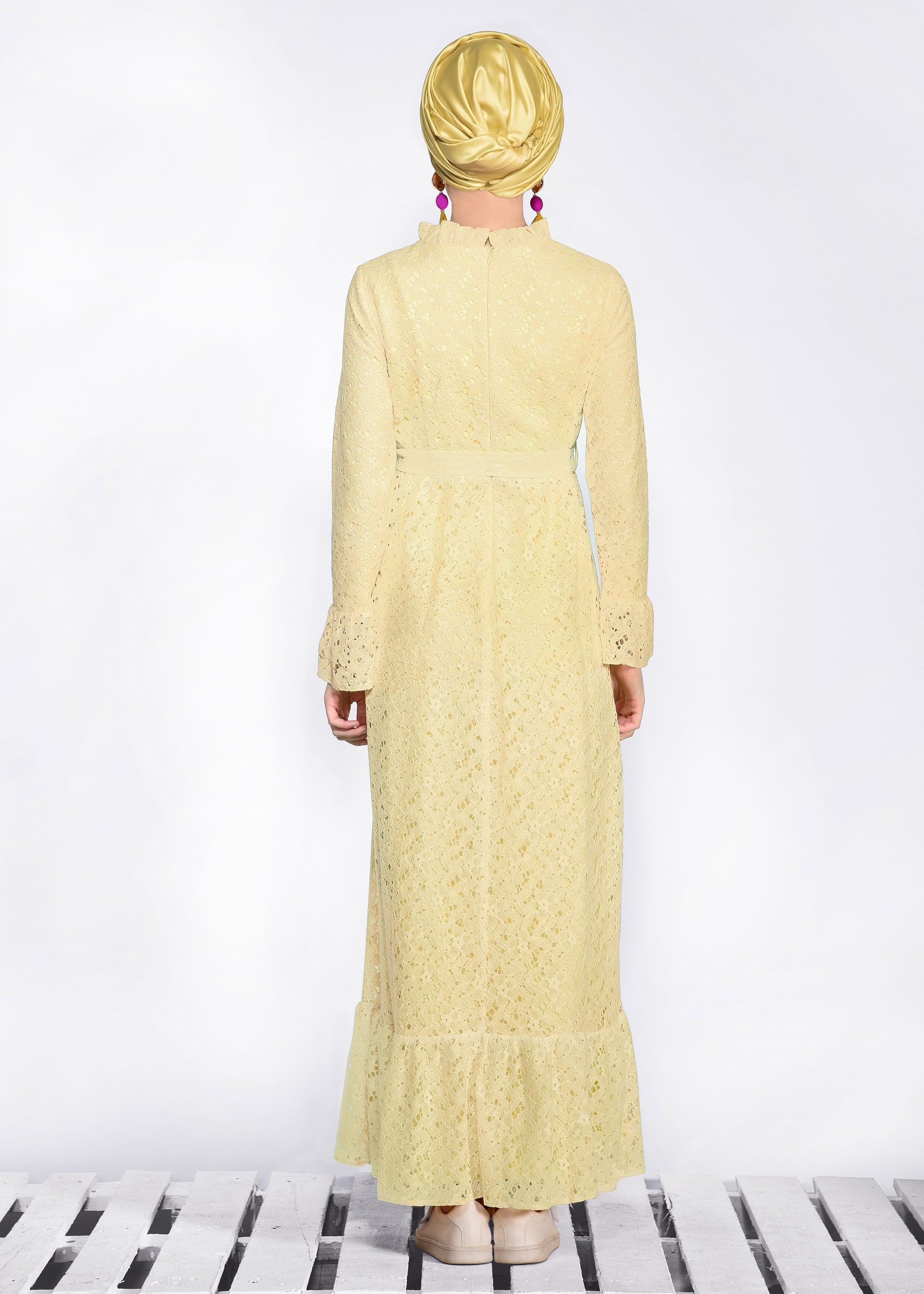 Tesettür giyim SARI BELİ KUŞAKLI DANTEL ELBİSE 4359-1