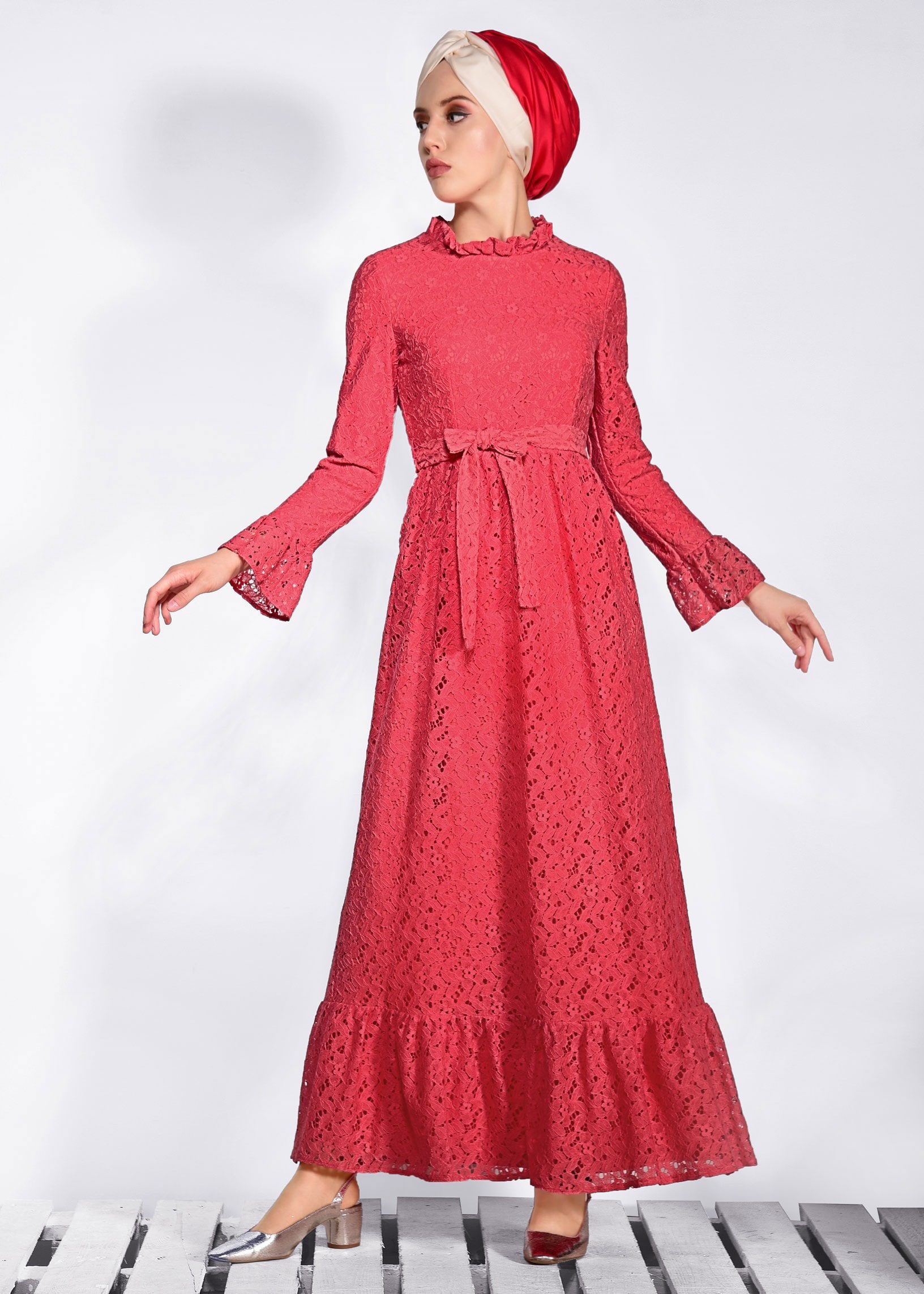 Tesettür giyim MERCAN BELİ KUŞAKLI DANTEL ELBİSE 4359-1