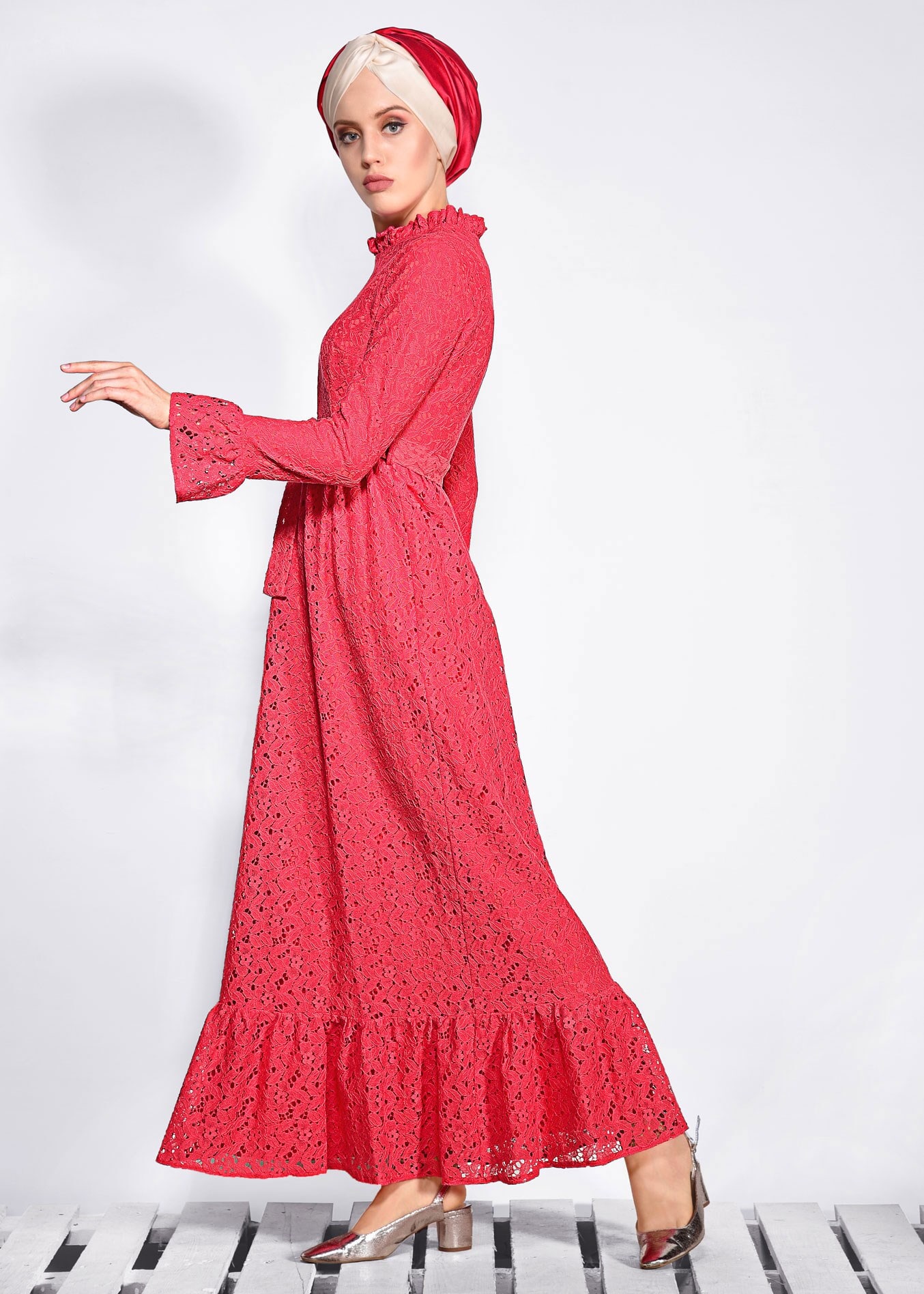 Tesettür giyim MERCAN BELİ KUŞAKLI DANTEL ELBİSE 4359-1