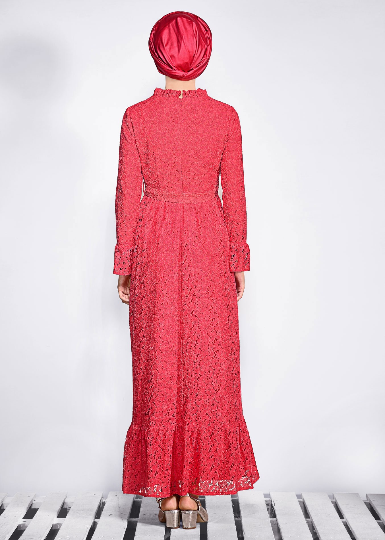 Tesettür giyim MERCAN BELİ KUŞAKLI DANTEL ELBİSE 4359-1