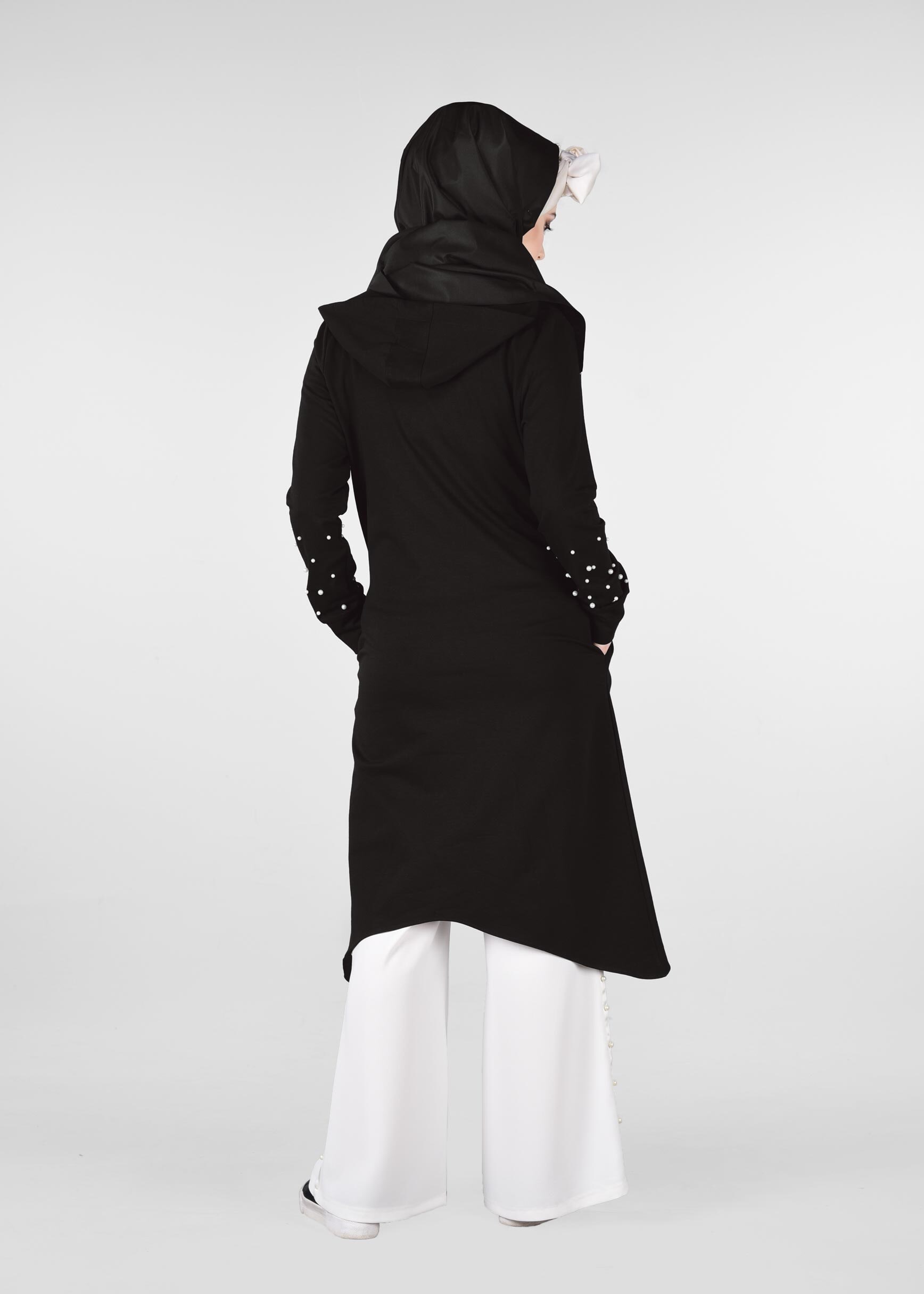 Tesettür giyim SİYAH KAPÜŞONLU İNCİLİ EŞOFMAN TUNİK 4010