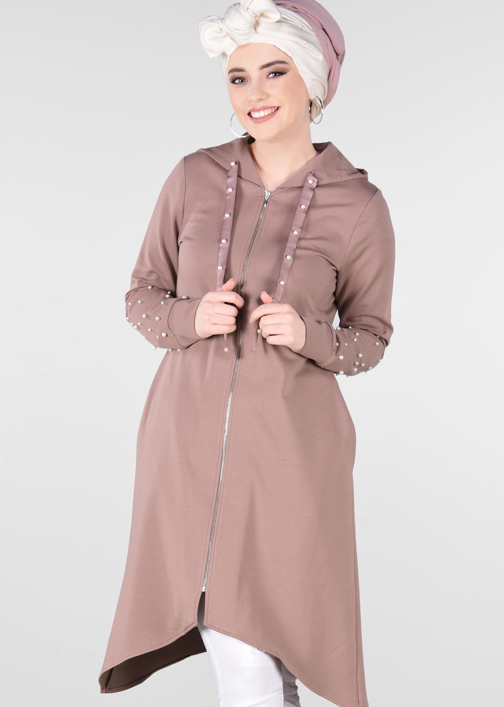 Tesettür giyim PUDRA KAPÜŞONLU İNCİLİ EŞOFMAN TUNİK 4010