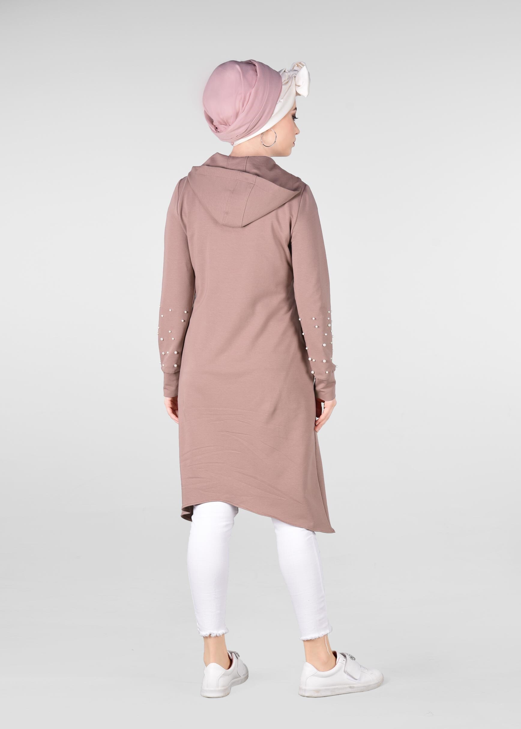 Tesettür giyim PUDRA KAPÜŞONLU İNCİLİ EŞOFMAN TUNİK 4010