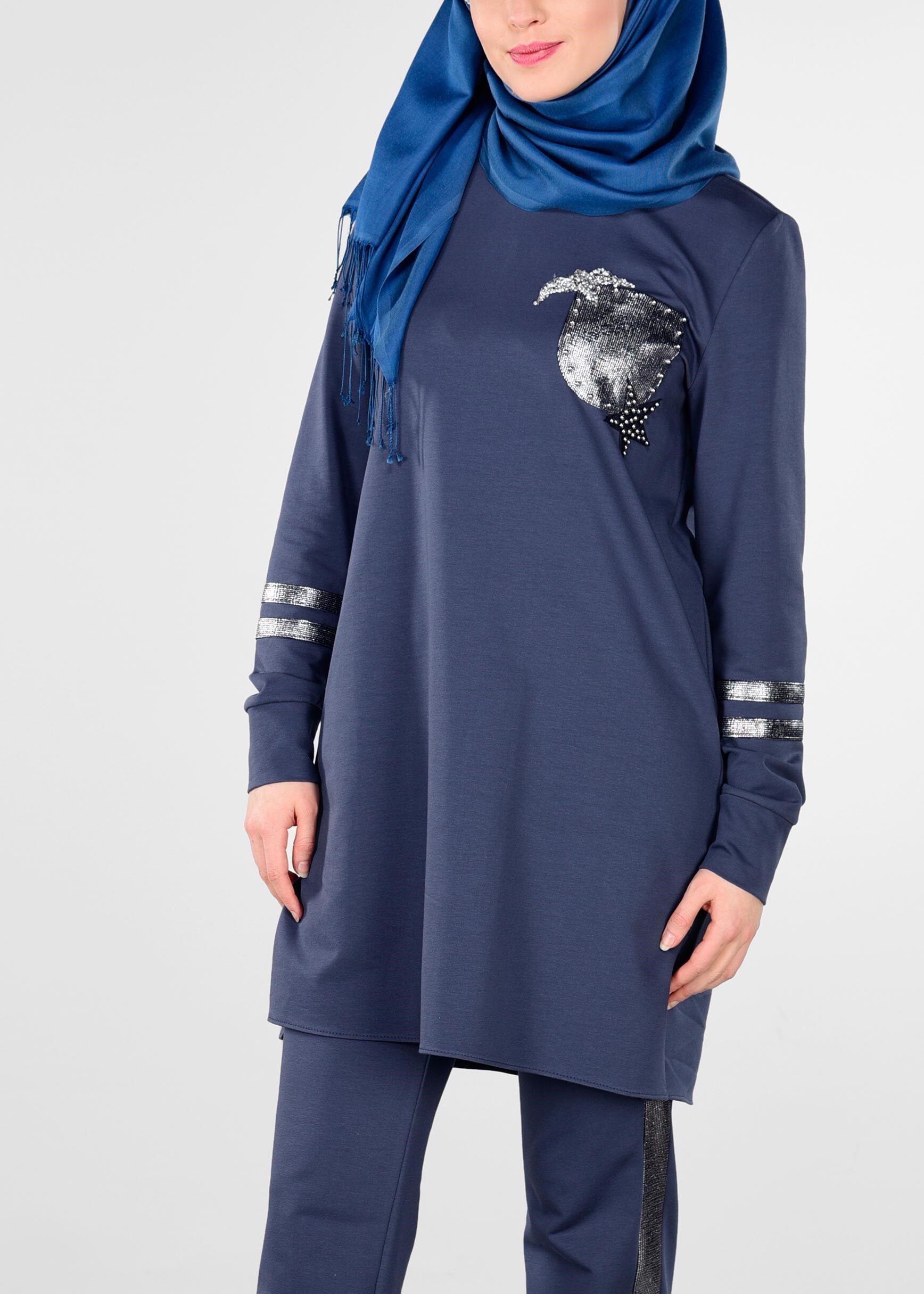 Tesettür giyim LACİVERT BONCUK İŞLEMELİ ŞERİT DETAYLI 2&prime;Lİ EŞOFMAN TAKIM 4012