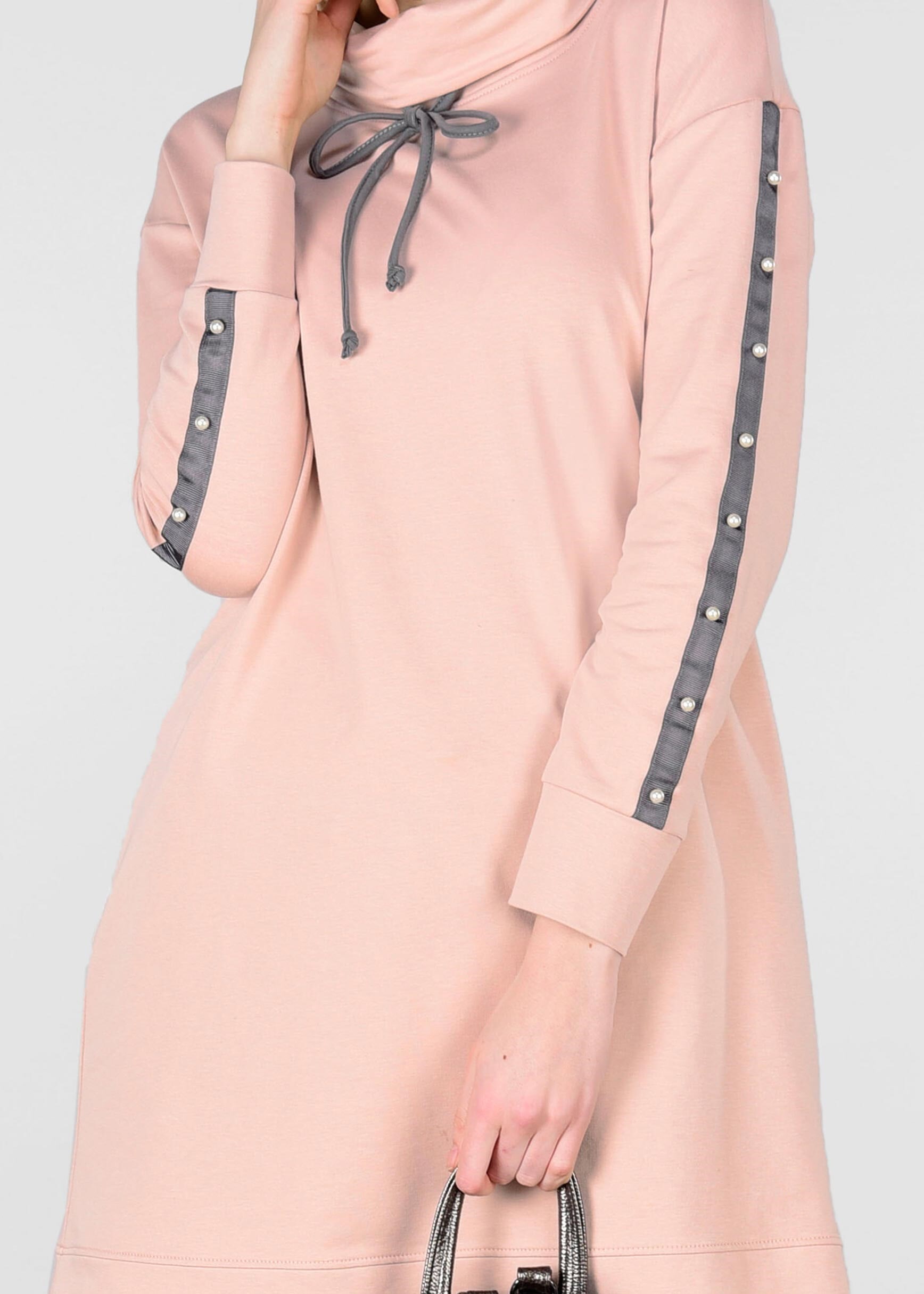 Tesettür giyim PUDRA KOLLARI İNCİ İŞLEMELİ ŞERİTLİ 2&prime;Lİ EŞOFMAN TAKIM 4013