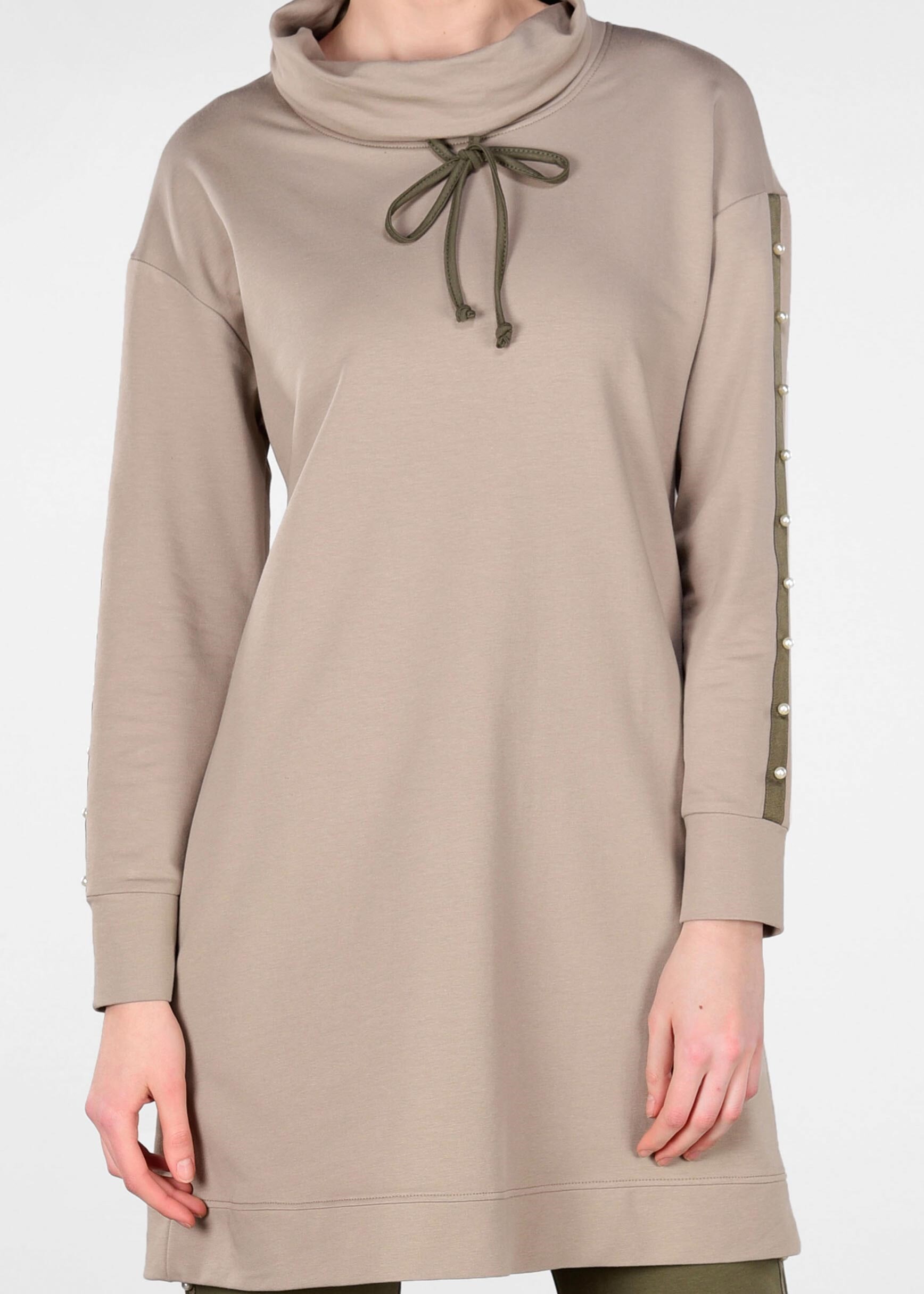 Tesettür giyim KAHVE KOLLARI İNCİ İŞLEMELİ ŞERİTLİ 2&prime;Lİ EŞOFMAN TAKIM 4013