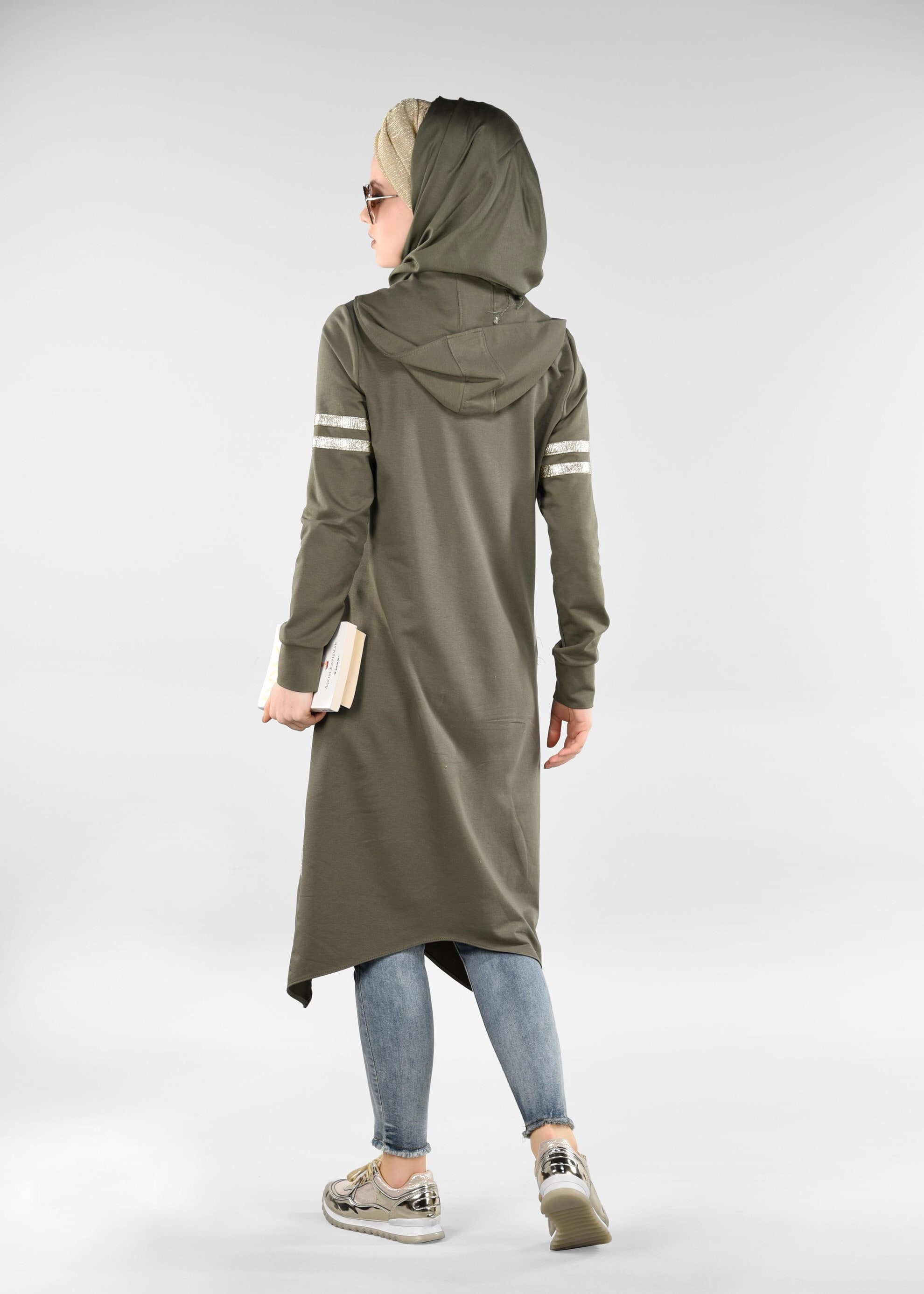 Tesettür giyim HAKİ ŞERİT DETAYLI EŞOFMAN TUNİK 4039