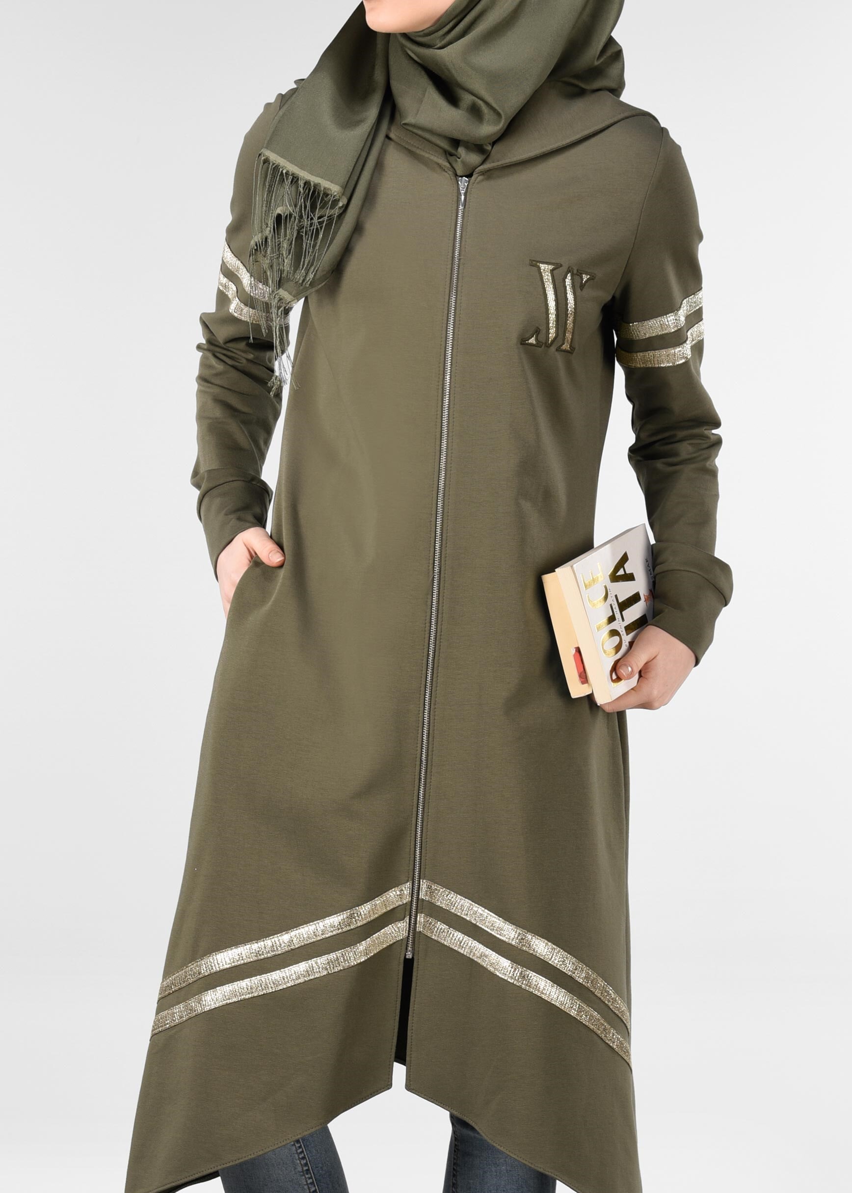 Tesettür giyim HAKİ ŞERİT DETAYLI EŞOFMAN TUNİK 4039