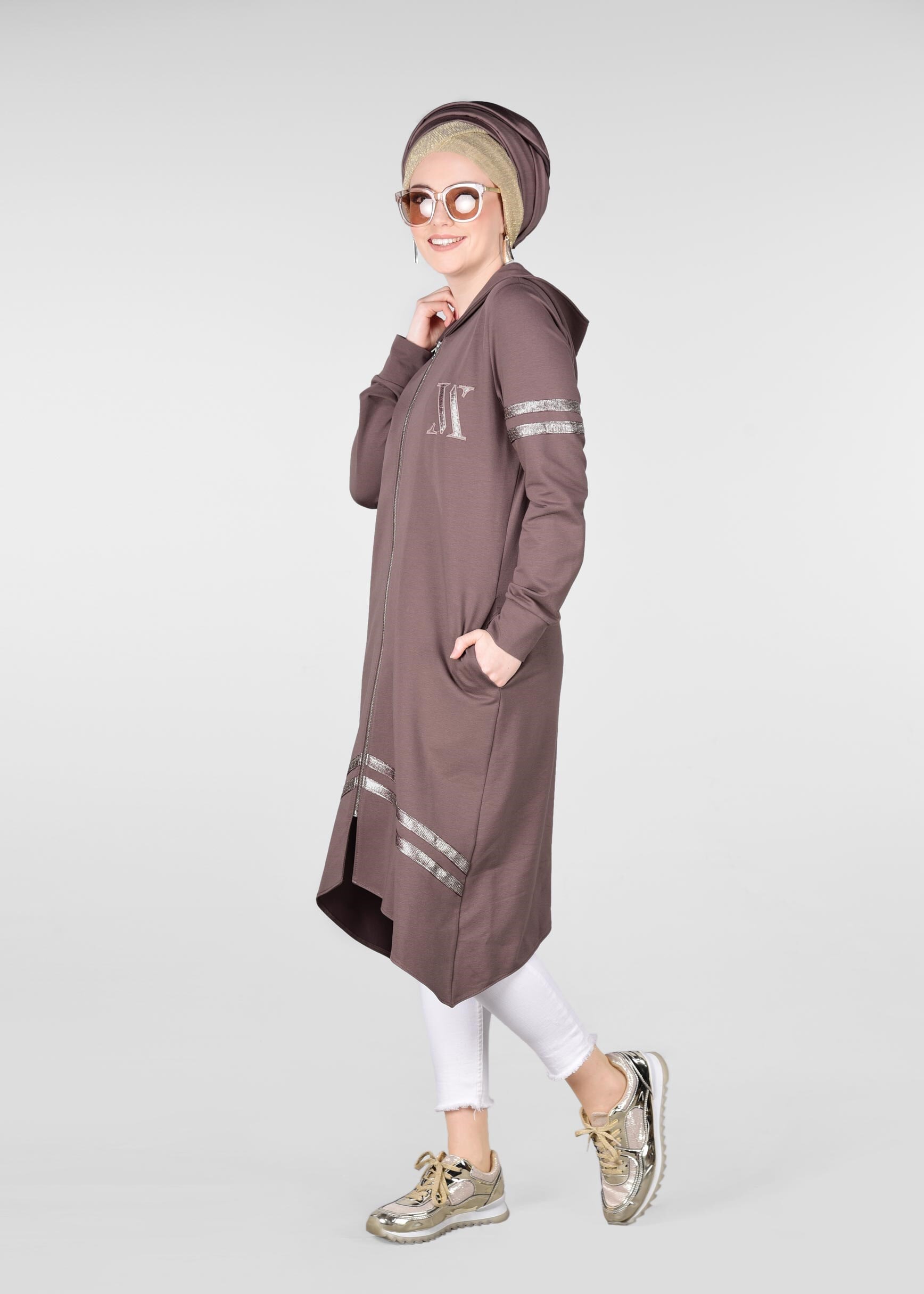 Tesettür giyim PEMBE ŞERİT DETAYLI EŞOFMAN TUNİK 4039