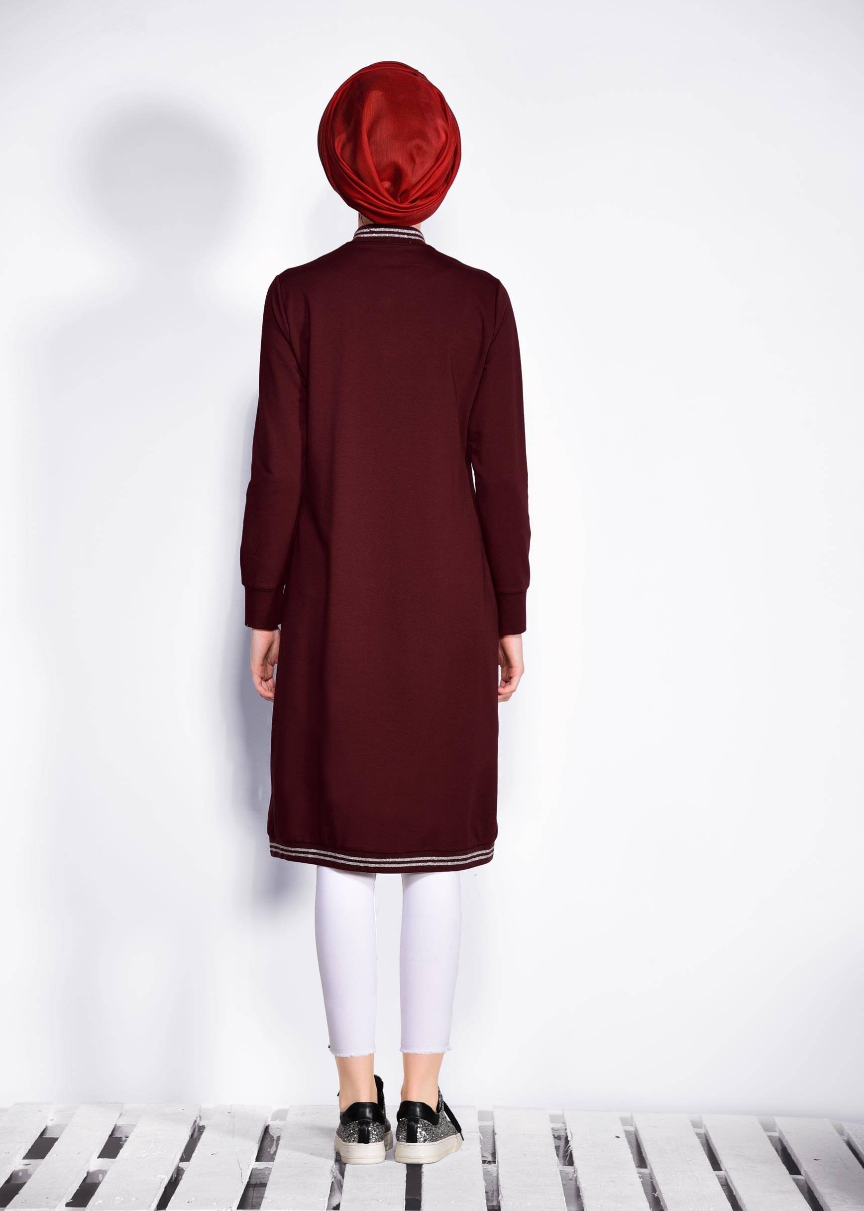 Tesettür giyim BORDO ŞERİT DETAYLI EŞOFMAN TUNİK 4097
