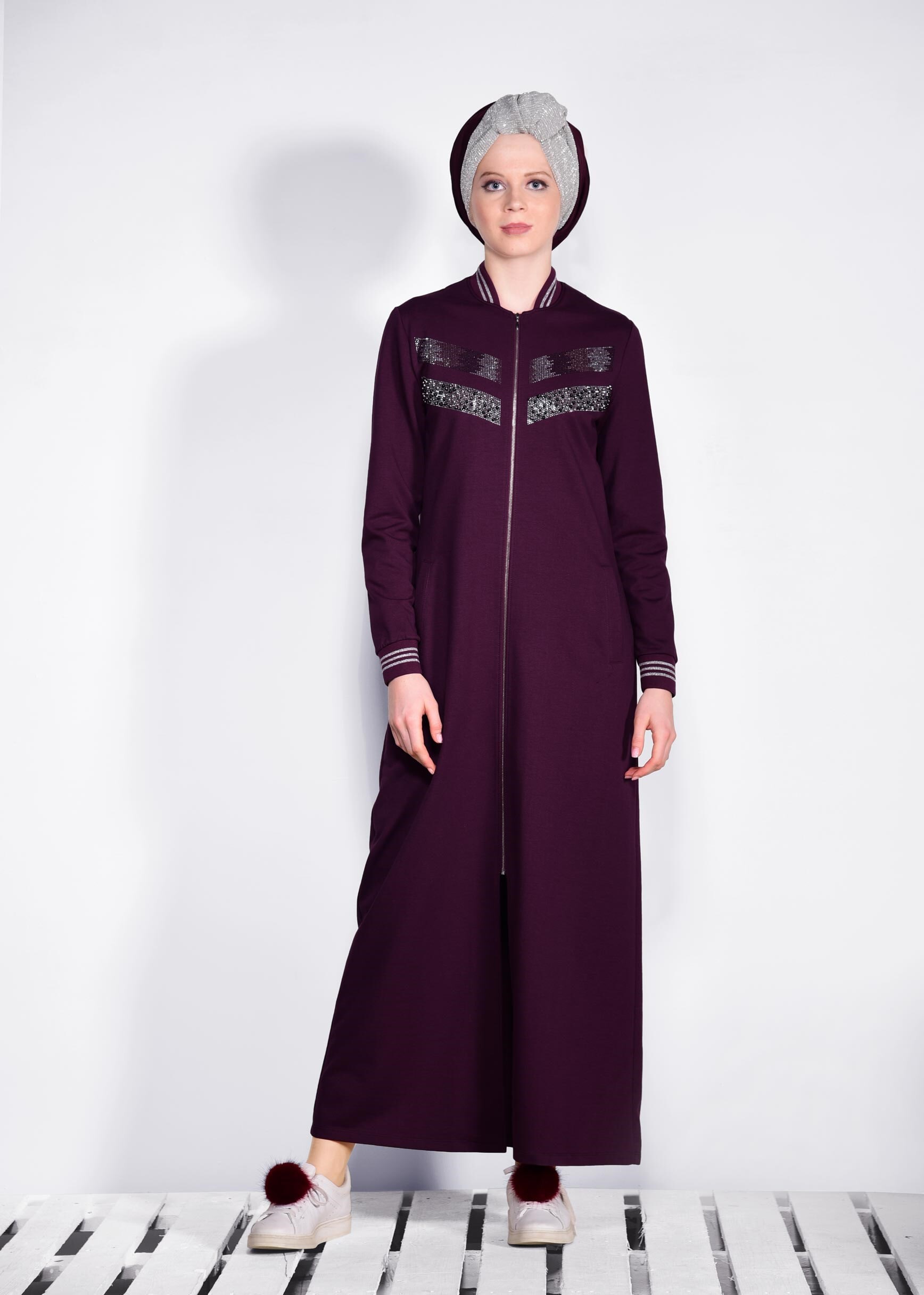 Tesettür giyim MOR BONCUK İŞLEMELİ EŞOFMAN TUNİK 4098