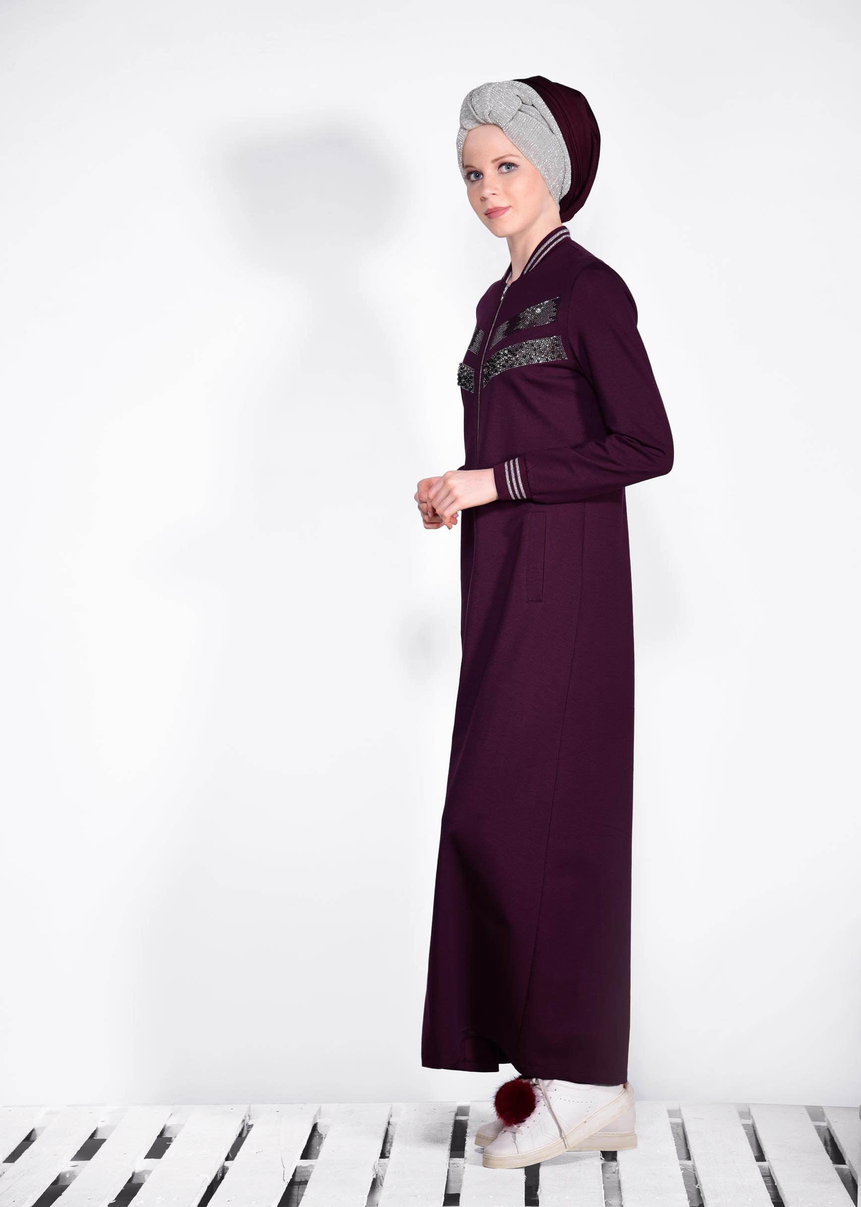 Tesettür giyim MOR BONCUK İŞLEMELİ EŞOFMAN TUNİK 4098