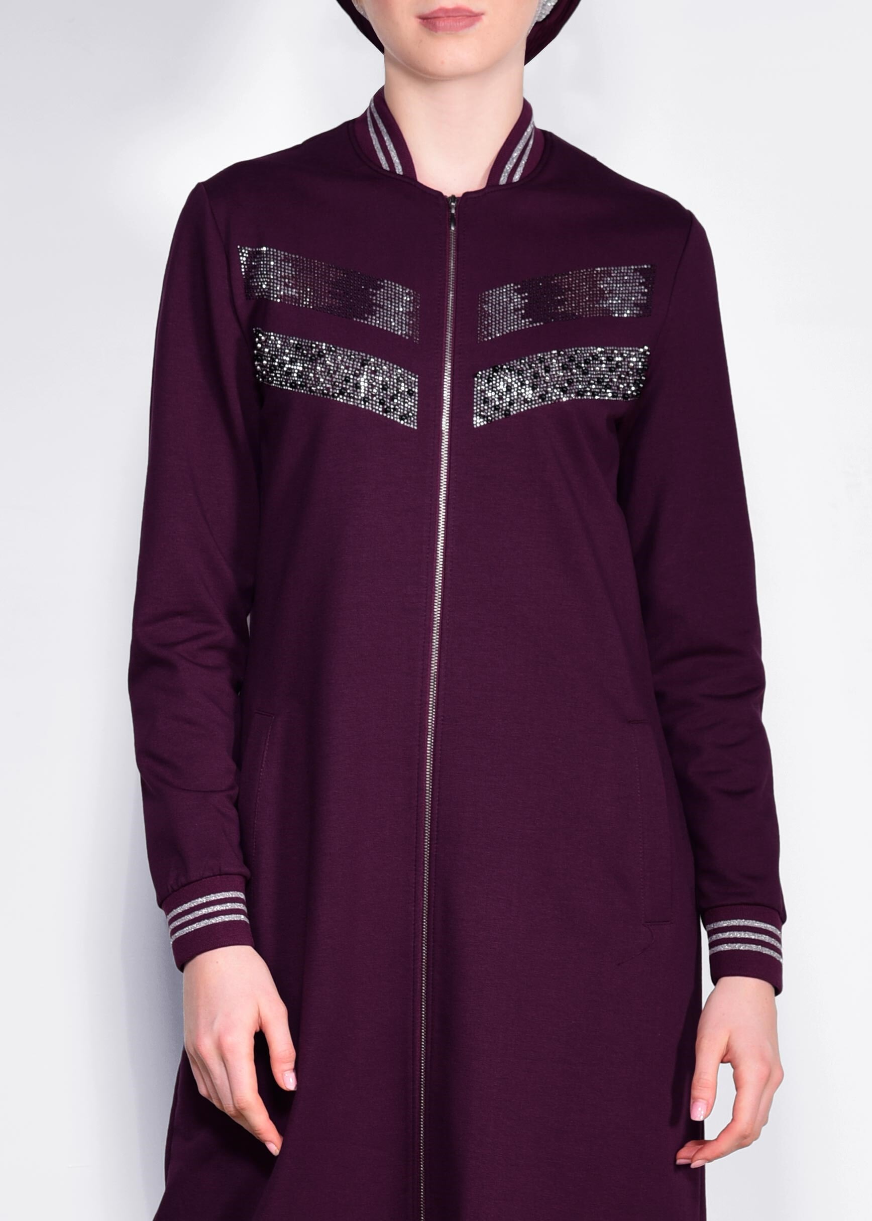 Tesettür giyim MOR BONCUK İŞLEMELİ EŞOFMAN TUNİK 4098