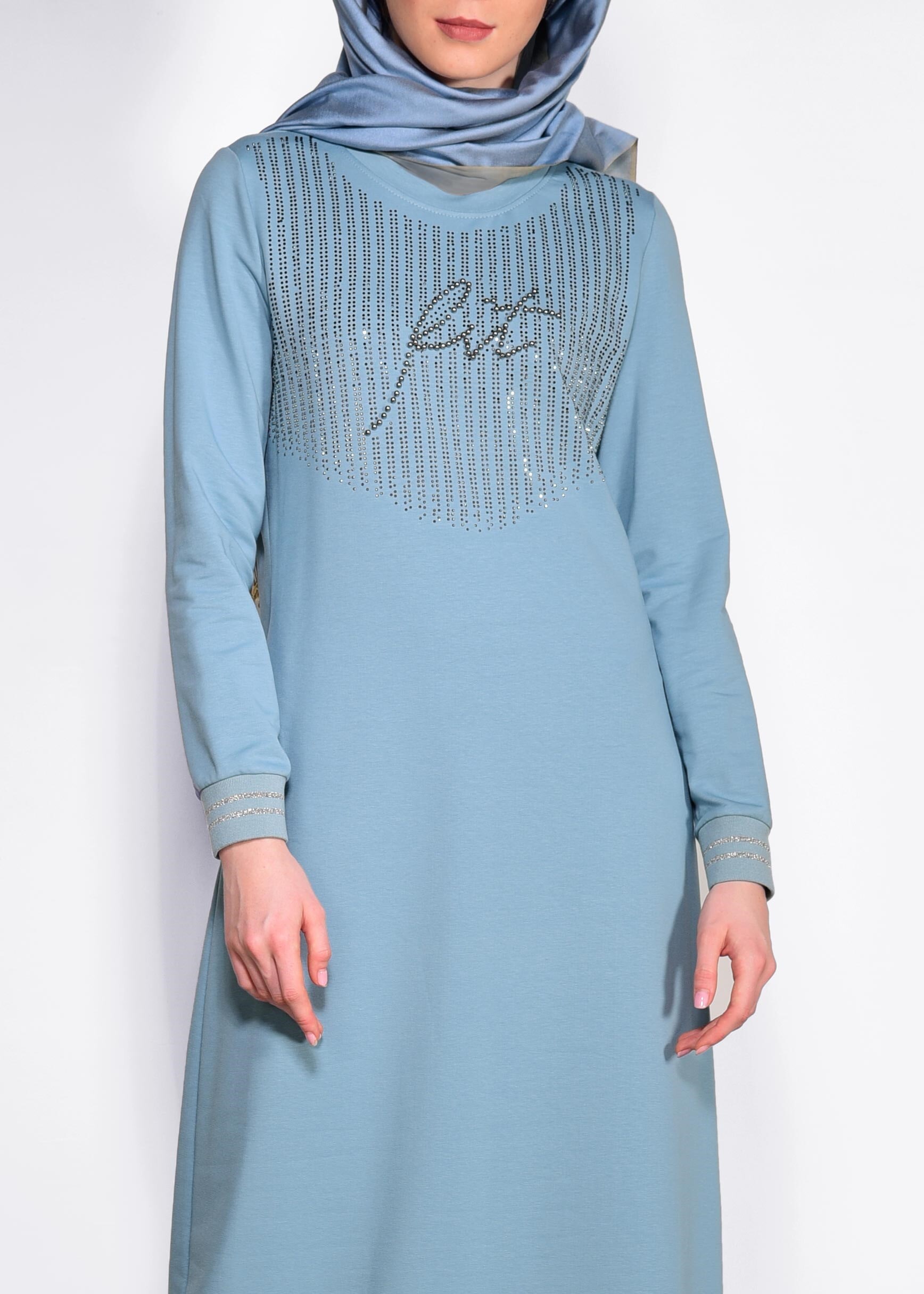 Tesettür giyim MAVİ TAŞ BASKILI EŞOFMAN ELBİSE 4130