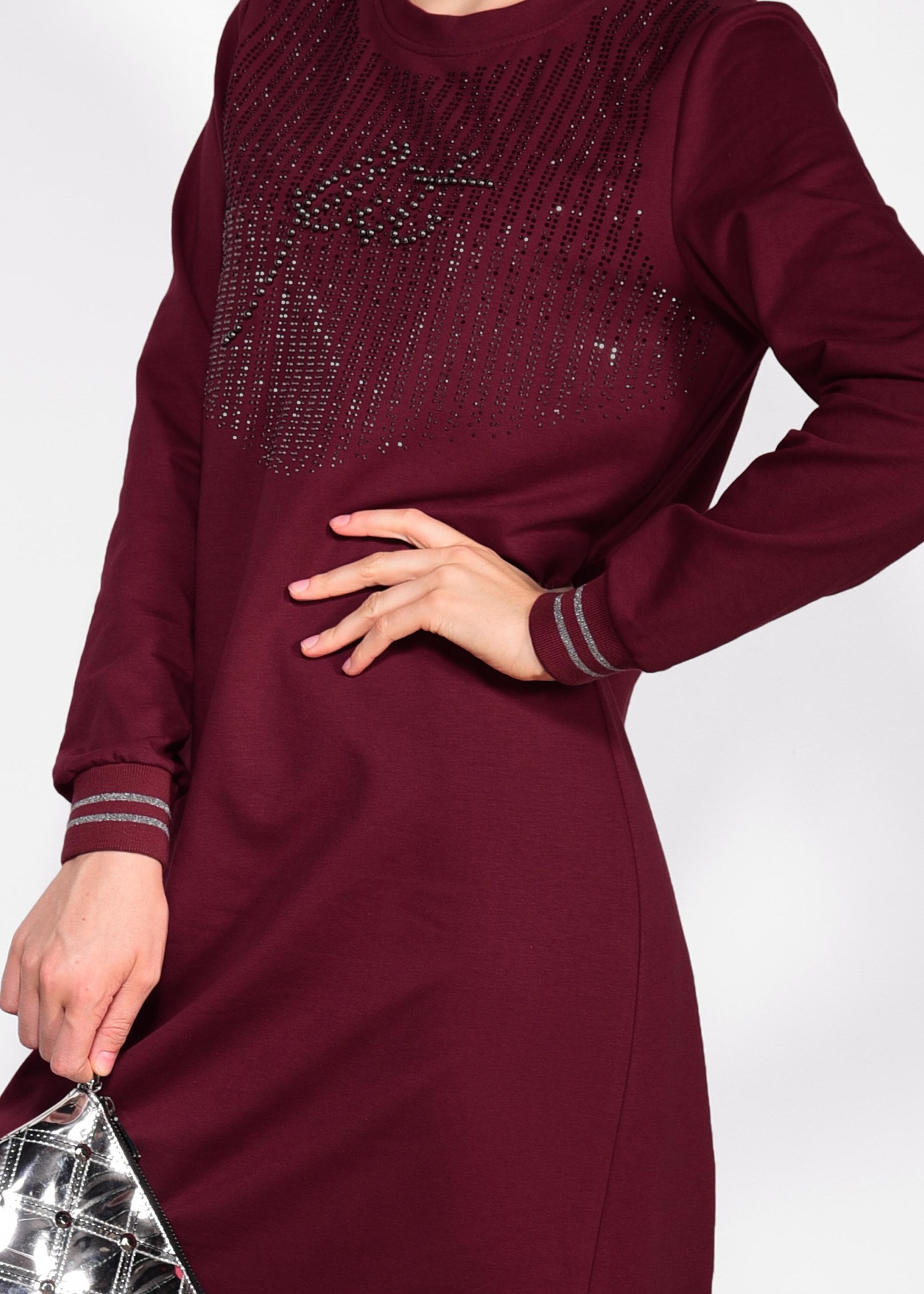 Tesettür giyim BORDO TAŞ BASKILI EŞOFMAN ELBİSE 4130