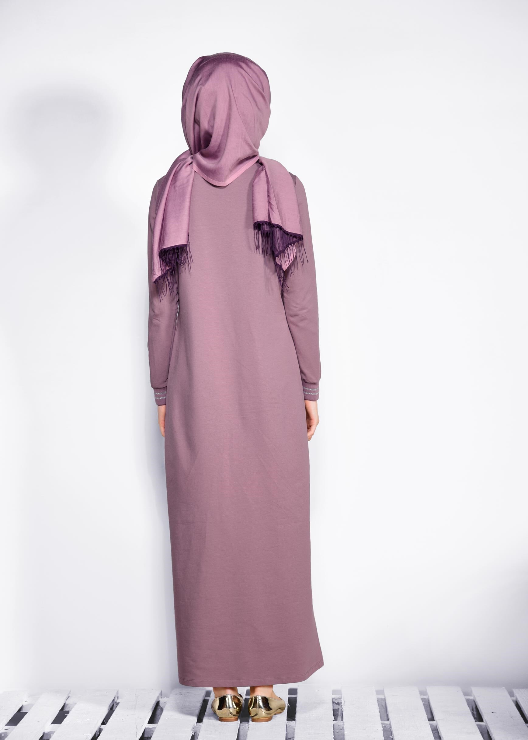 Tesettür giyim PUDRA TAŞ BASKILI EŞOFMAN ELBİSE 4130