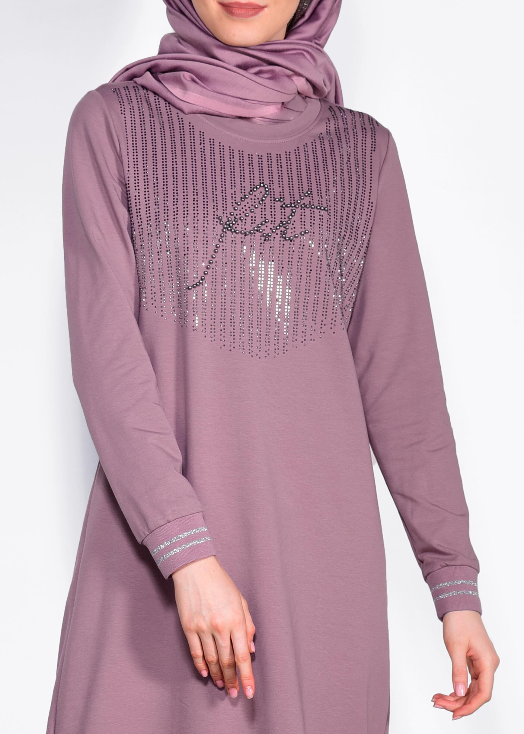 Tesettür giyim PUDRA TAŞ BASKILI EŞOFMAN ELBİSE 4130