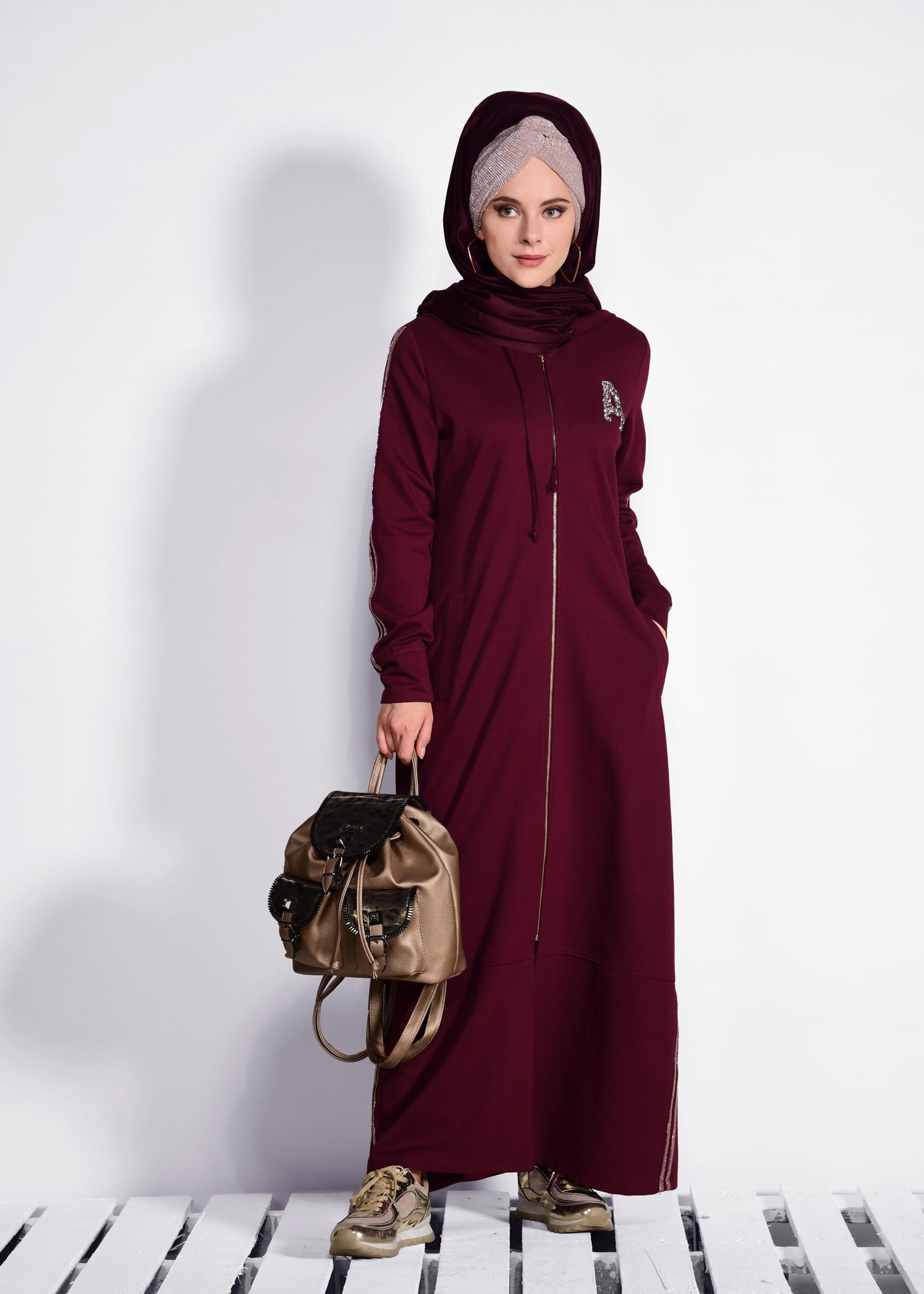 Tesettür giyim MOR ARMALI KAPÜŞONLU EŞOFMAN TUNİK 4146