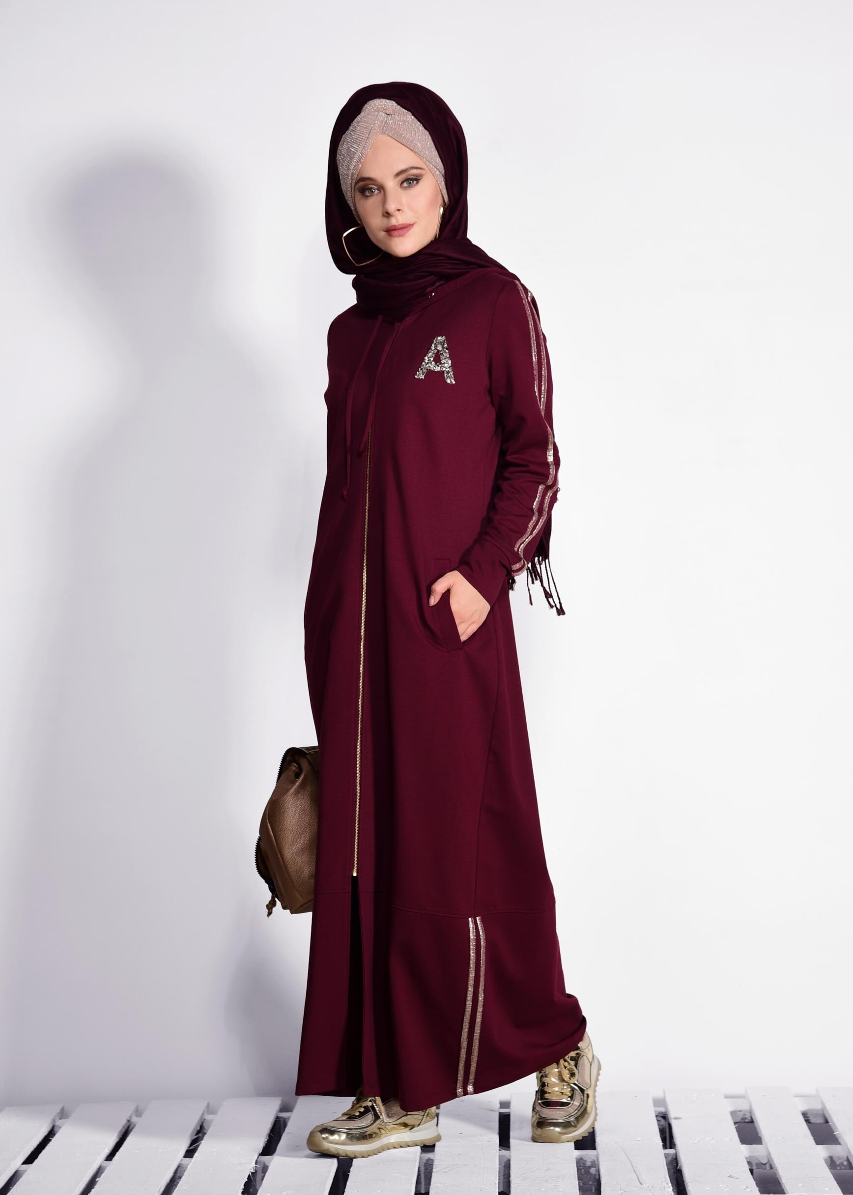 Tesettür giyim MOR ARMALI KAPÜŞONLU EŞOFMAN TUNİK 4146