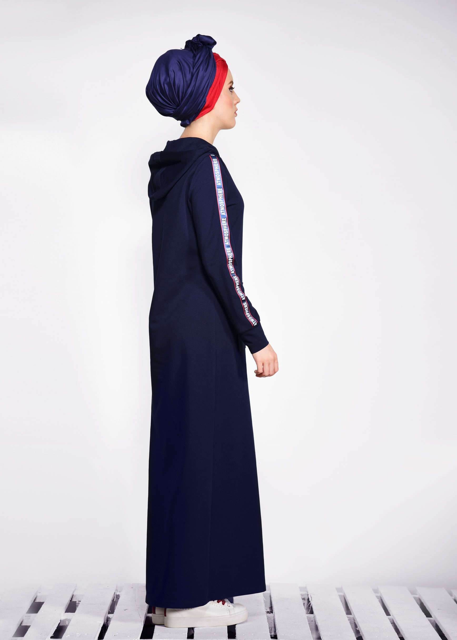 Tesettür giyim LACİVERT CEPLİ KAPÜŞONLU EŞOFMAN ELBİSE 4148 