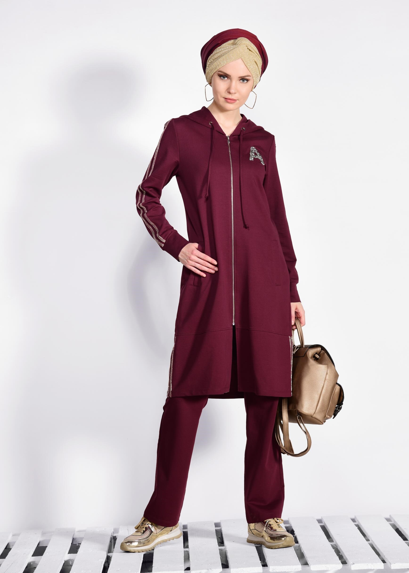 Tesettür giyim MOR ŞERİT DETAYLI 2&prime;Lİ EŞOFMAN TAKIM 4171