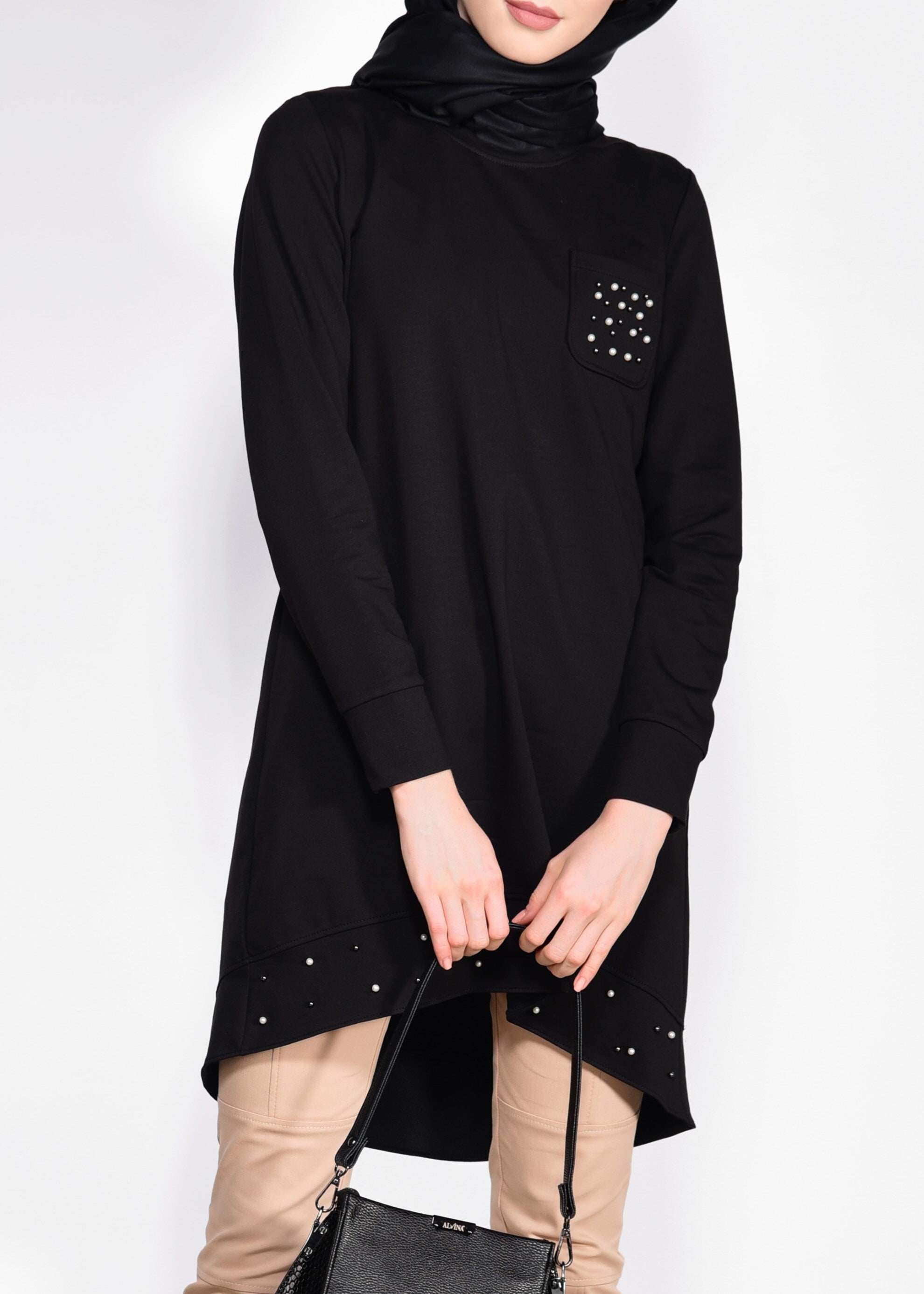 Tesettür giyim SİYAH İNCİ İŞLEMELİ EŞOFMAN TUNİK 4211