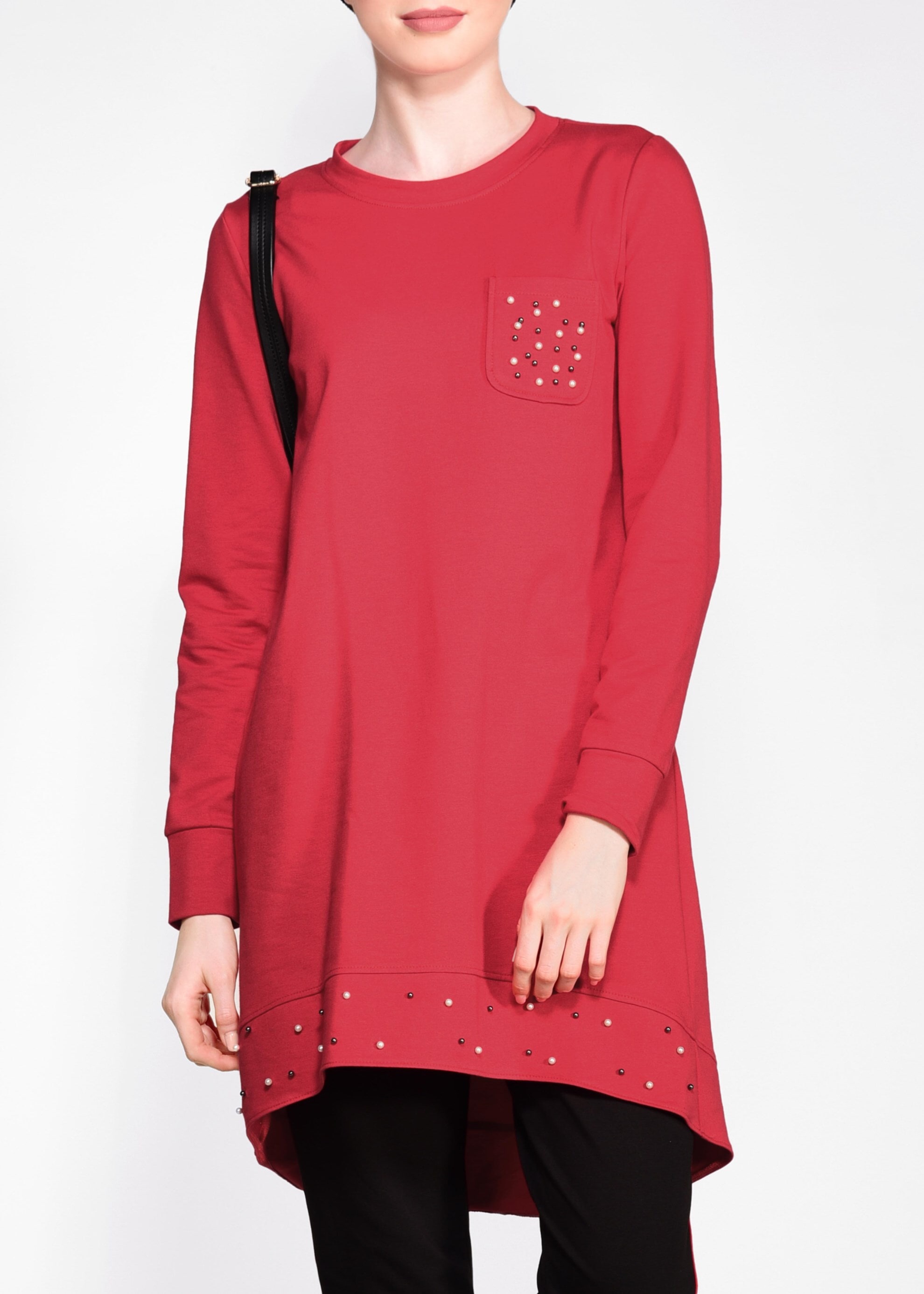 Tesettür giyim KIRMIZI İNCİ İŞLEMELİ EŞOFMAN TUNİK 4211