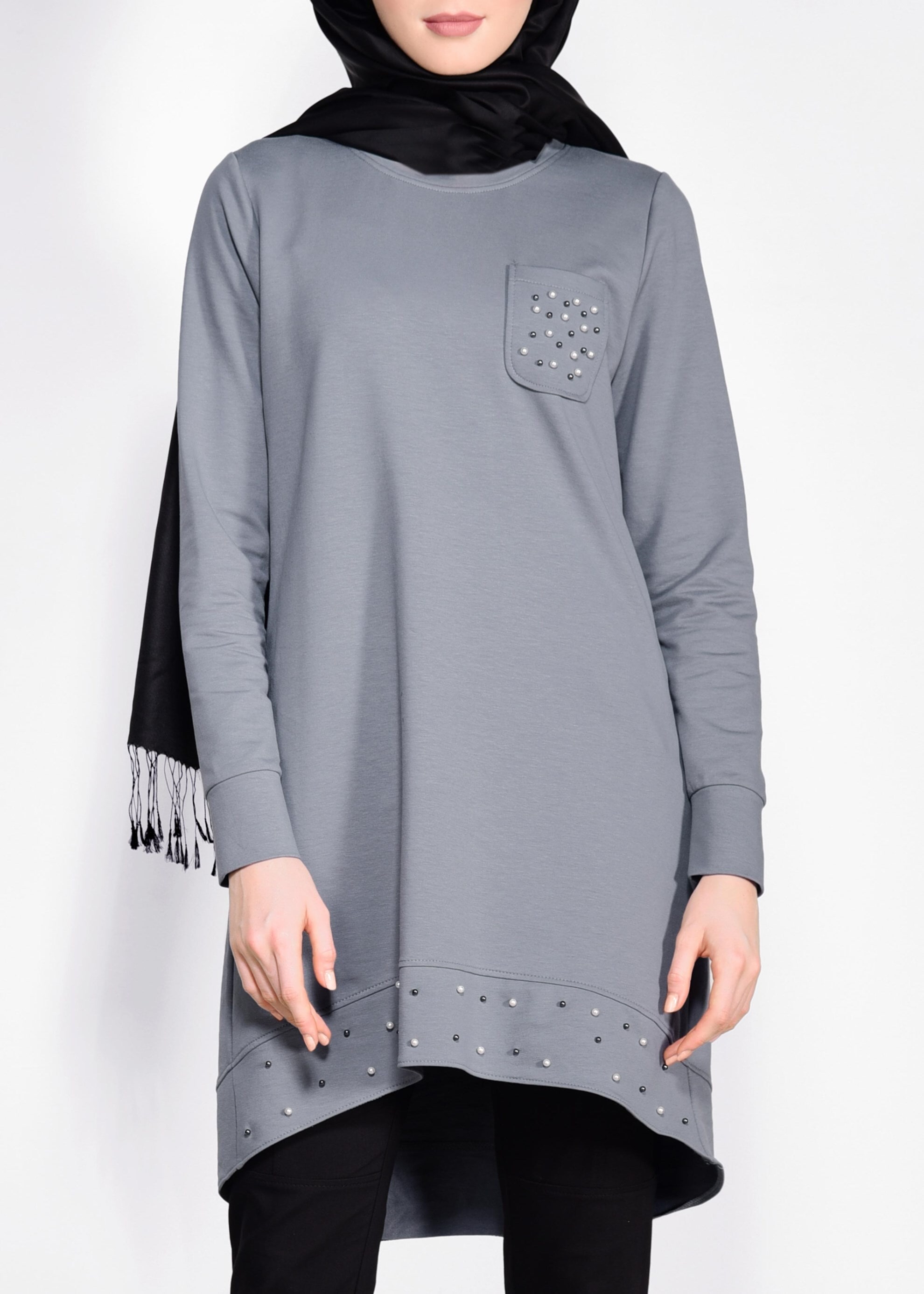 Tesettür giyim GRİ İNCİ İŞLEMELİ EŞOFMAN TUNİK 4211