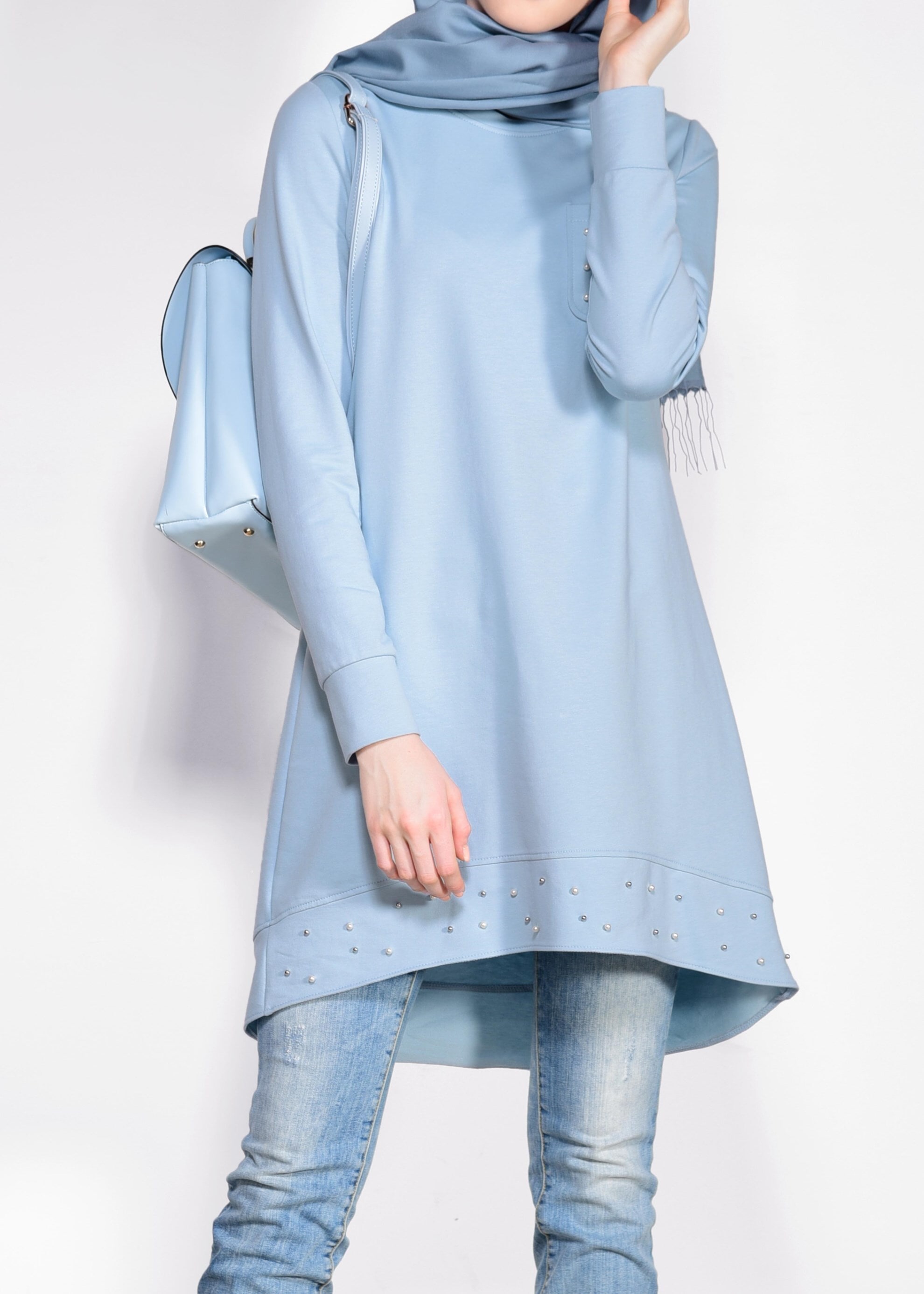 Tesettür giyim MAVİ İNCİ İŞLEMELİ EŞOFMAN TUNİK 4211