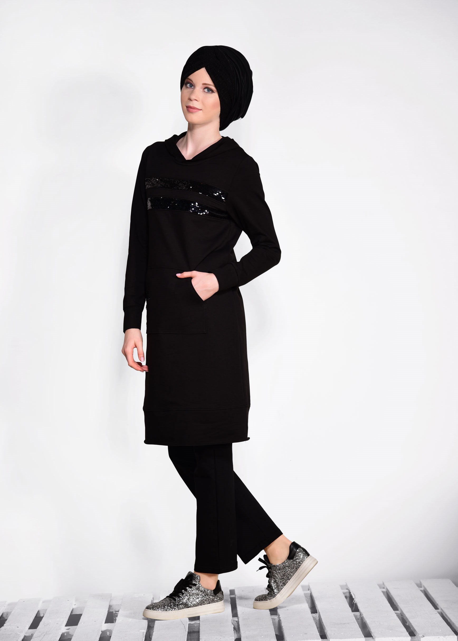 Tesettür giyim SİYAH 4234 NEW LERİDA EŞOFMAN TUNİK 36/44 TEK38