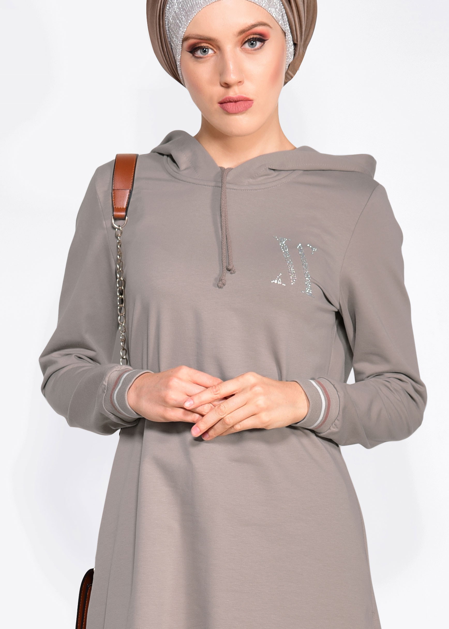 Tesettür giyim KAHVE ŞERİTLİ KAPÜŞONLU 2&prime;Lİ ETEKLİ EŞOFMAN TAKIMI 4268