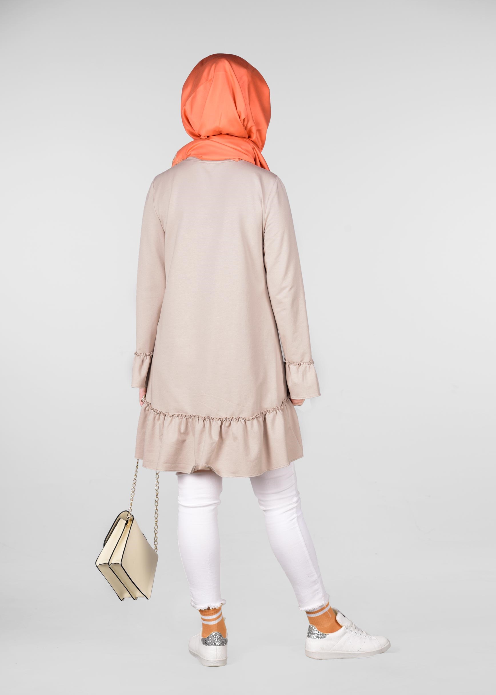 Tesettür giyim BEJ FIRFIR DETAYLI EŞOFMAN TUNİK 4873