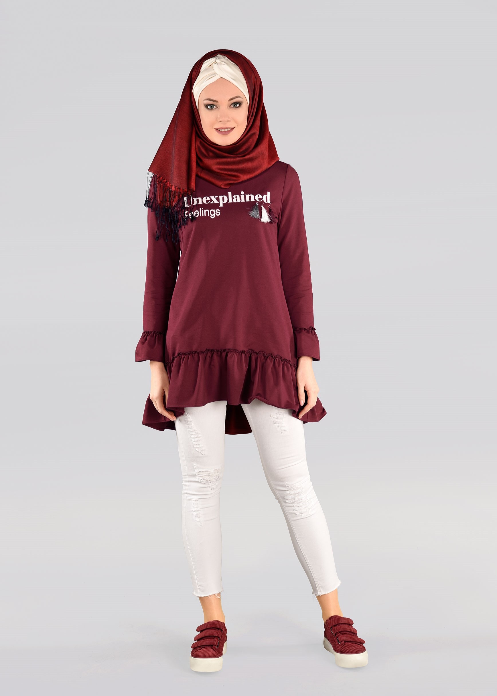 Tesettür giyim BORDO FIRFIR DETAYLI EŞOFMAN TUNİK 4873