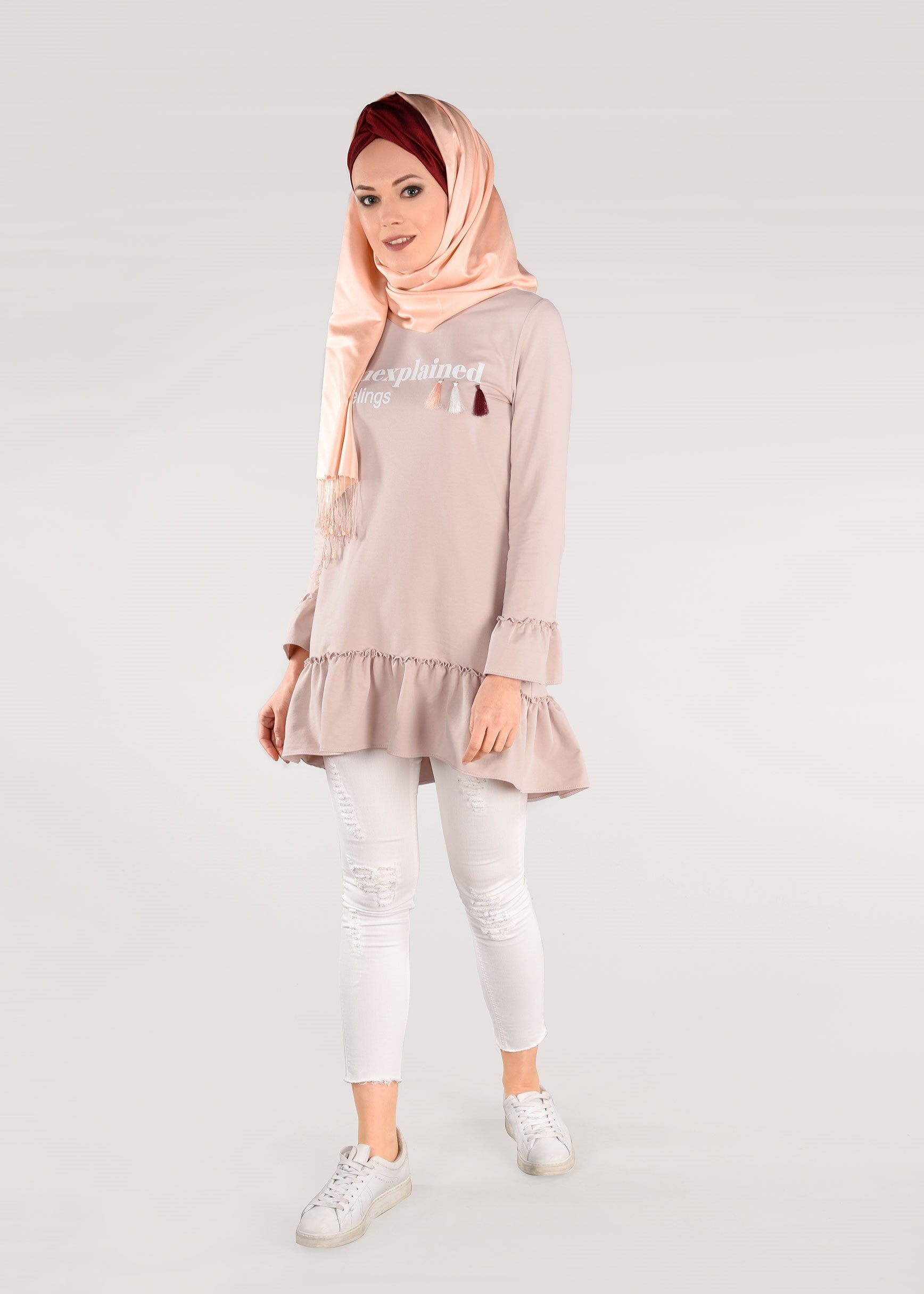 Tesettür giyim PUDRA FIRFIR DETAYLI EŞOFMAN TUNİK 4873