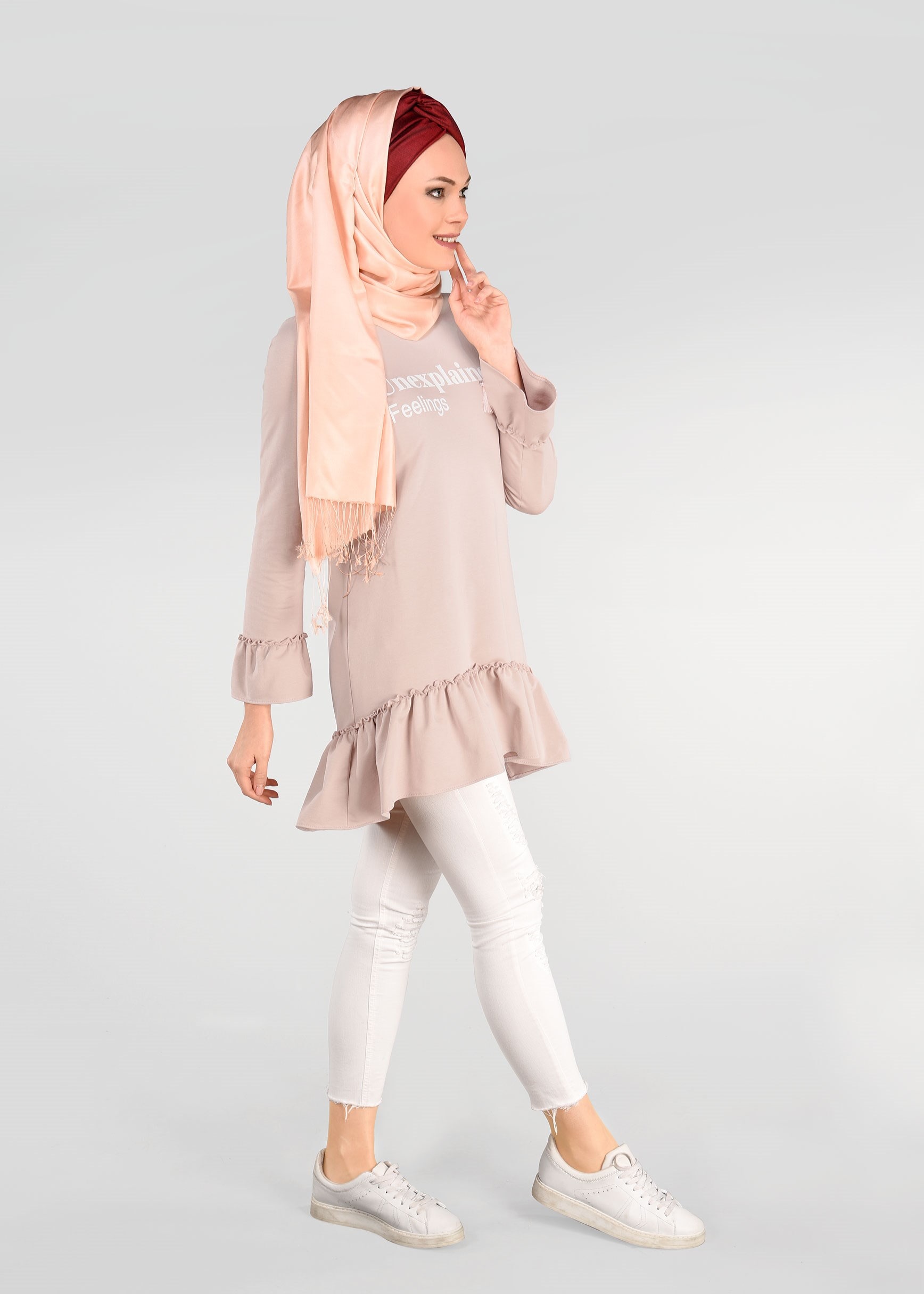 Tesettür giyim PUDRA FIRFIR DETAYLI EŞOFMAN TUNİK 4873