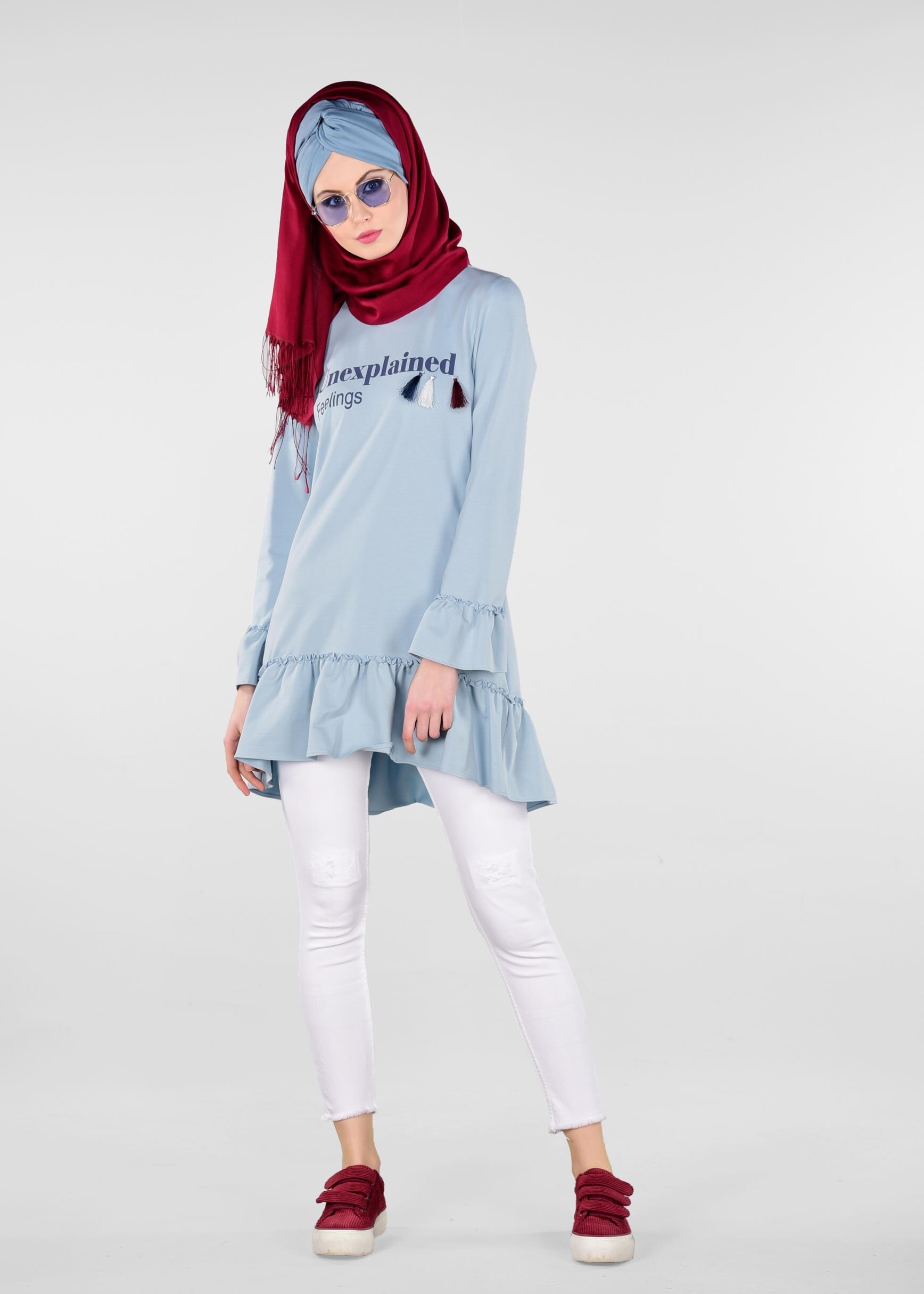 Tesettür giyim MAVİ FIRFIR DETAYLI EŞOFMAN TUNİK 4873