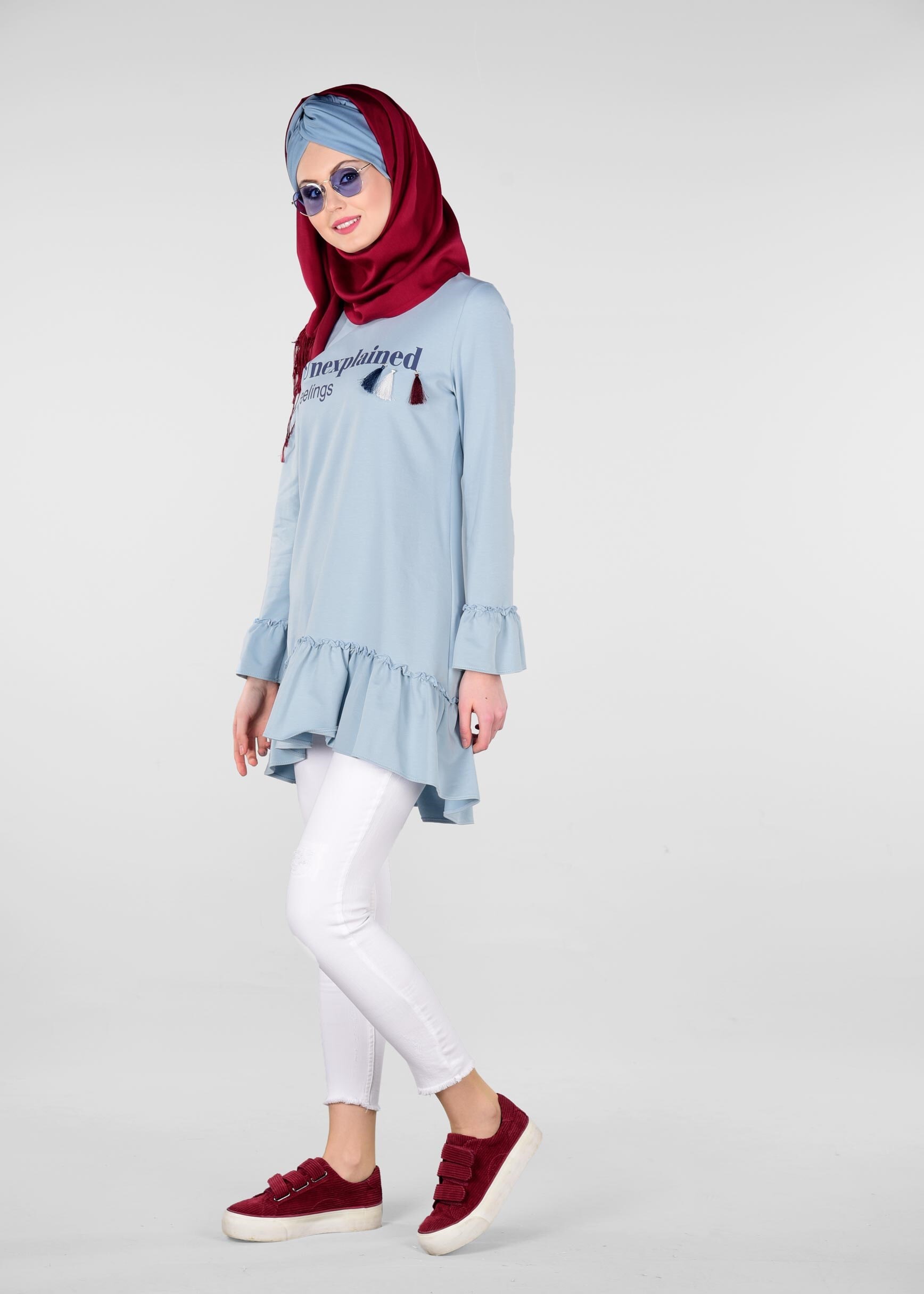 Tesettür giyim MAVİ FIRFIR DETAYLI EŞOFMAN TUNİK 4873