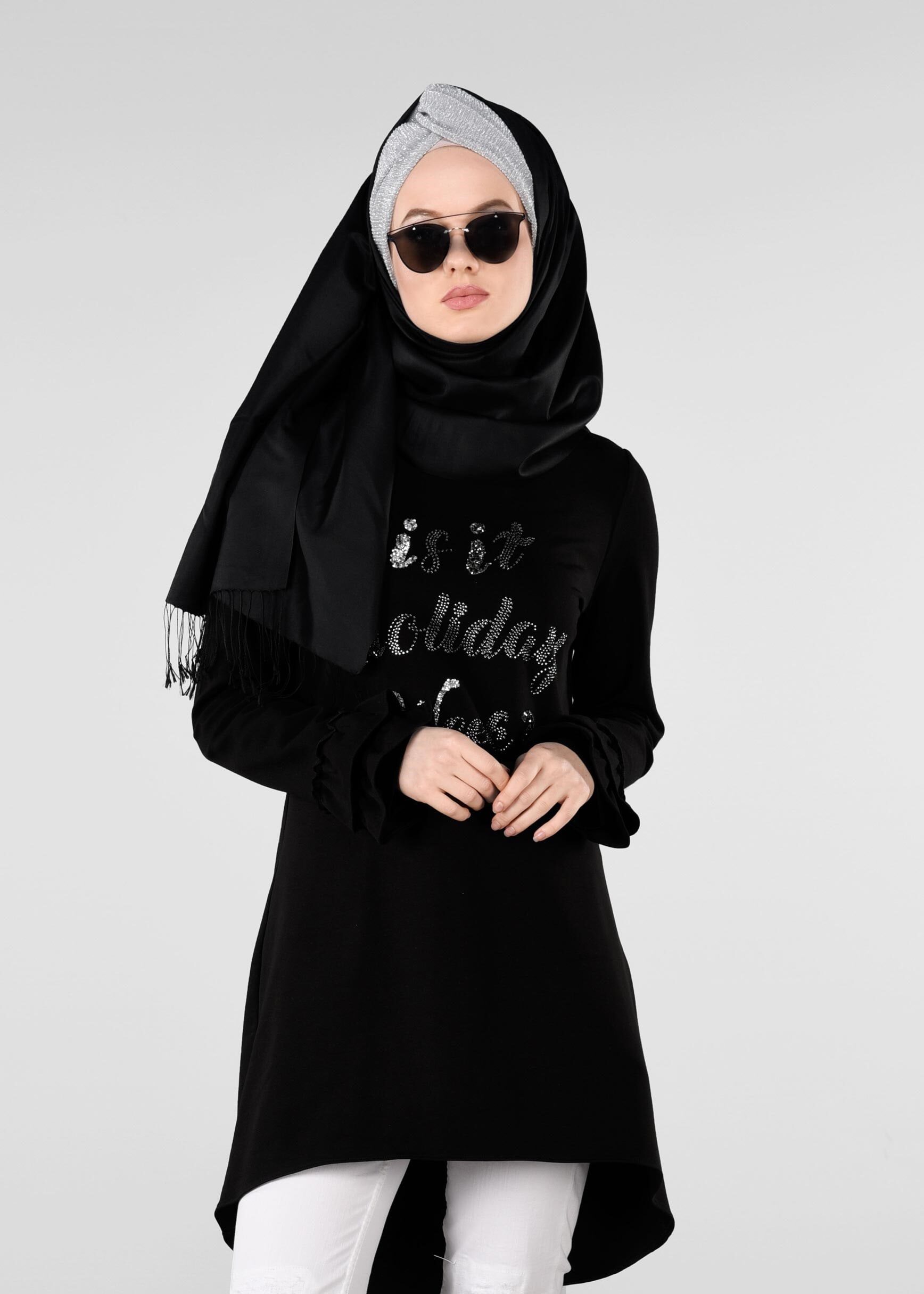 Tesettür giyim SİYAH KOL KISMI FIRFIRLI EŞOFMAN TUNİK 4874