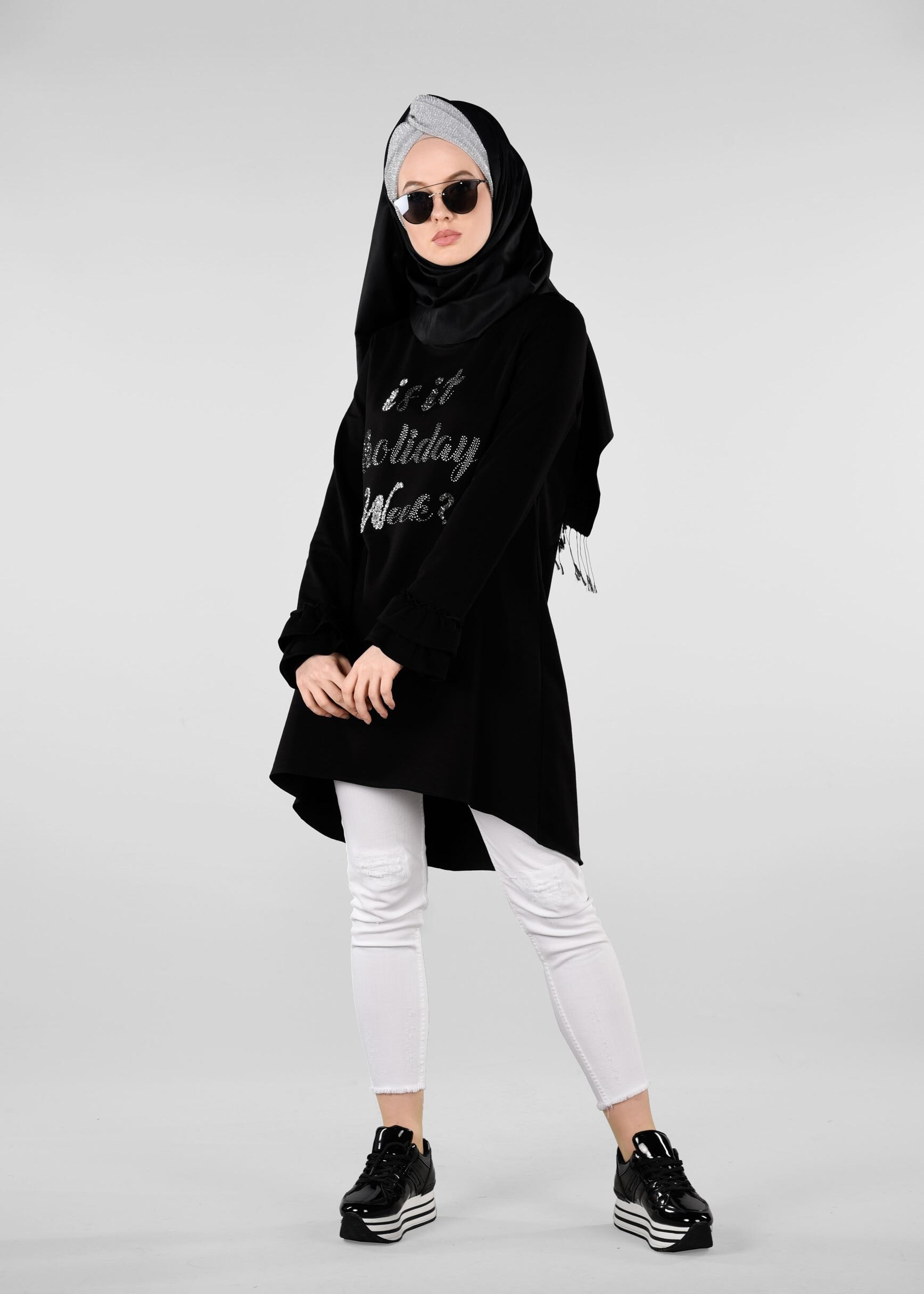 Tesettür giyim SİYAH KOL KISMI FIRFIRLI EŞOFMAN TUNİK 4874