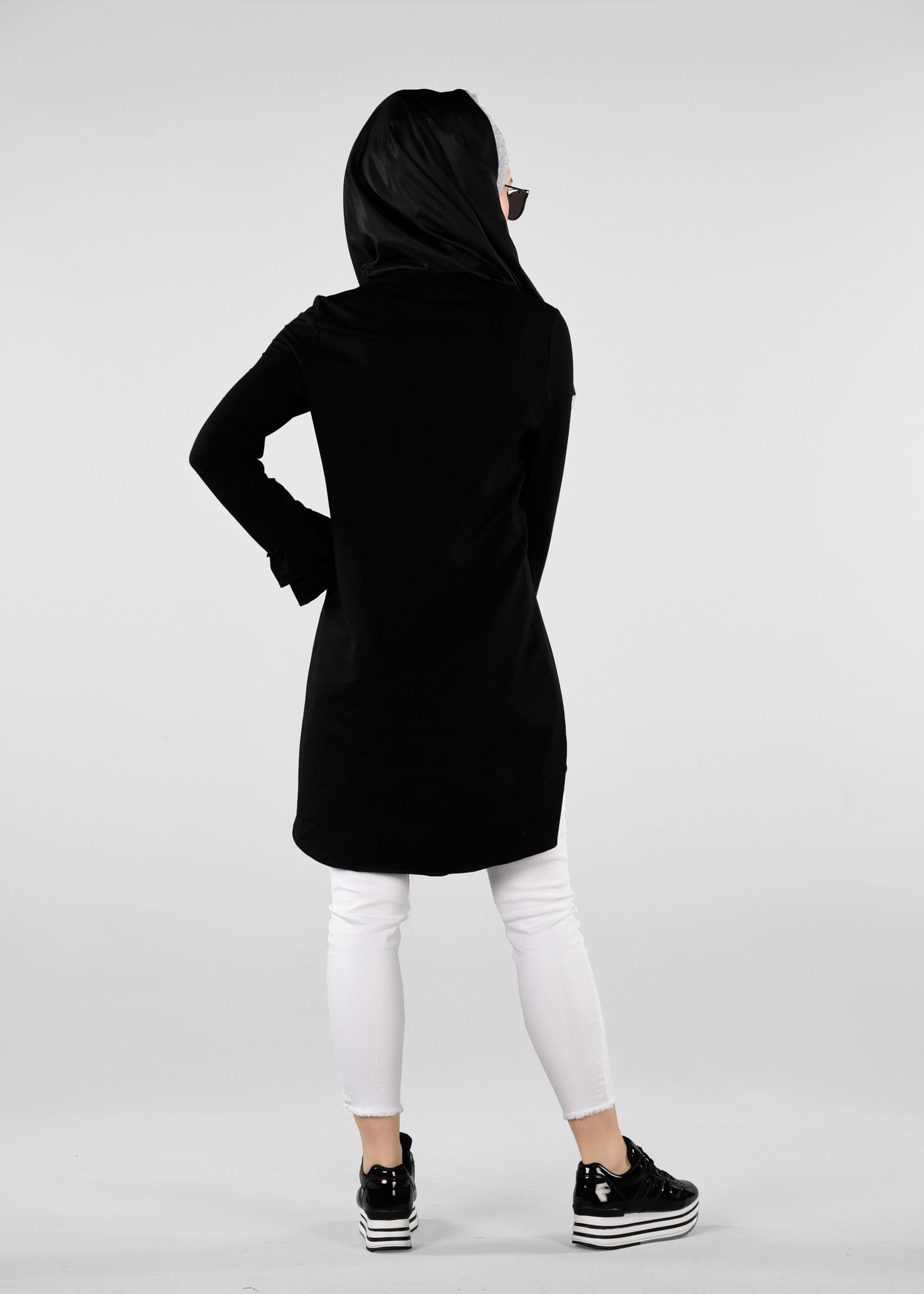 Tesettür giyim SİYAH KOL KISMI FIRFIRLI EŞOFMAN TUNİK 4874