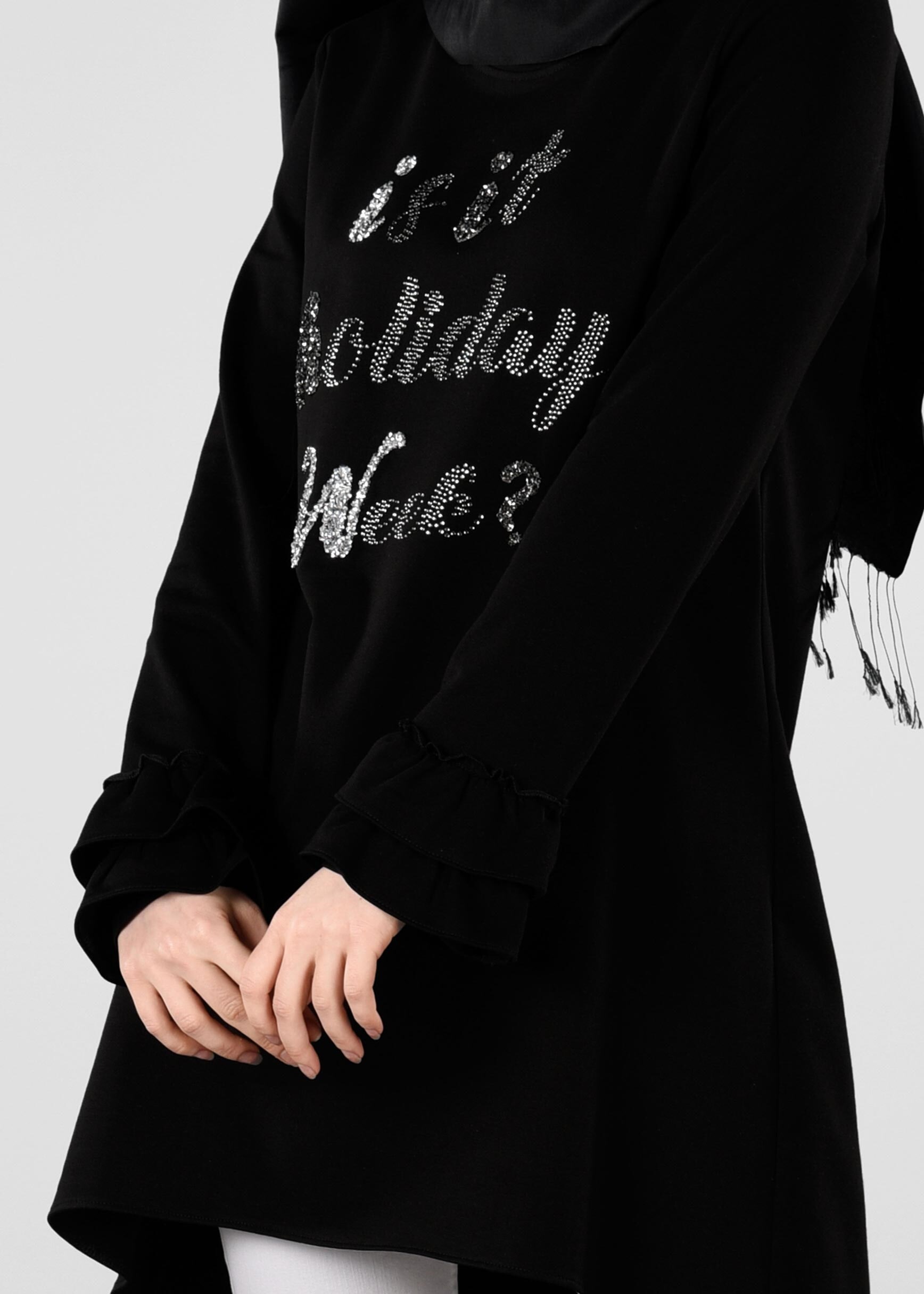 Tesettür giyim SİYAH KOL KISMI FIRFIRLI EŞOFMAN TUNİK 4874