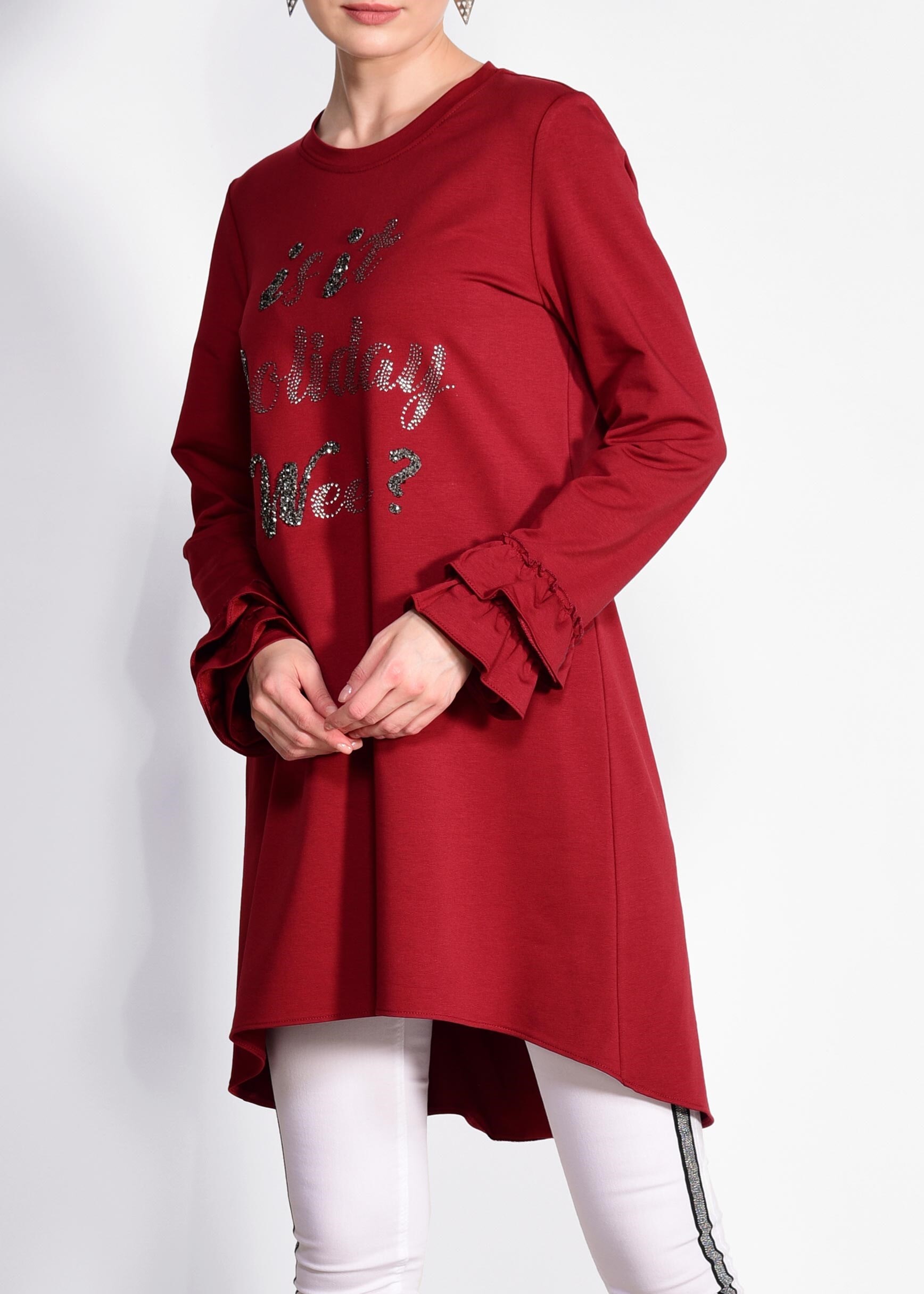 Tesettür giyim BORDO KOL KISMI FIRFIRLI EŞOFMAN TUNİK 4874