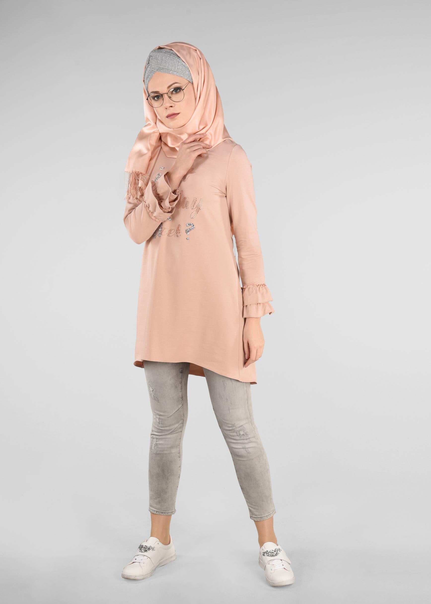 Tesettür giyim PUDRA KOL KISMI FIRFIRLI EŞOFMAN TUNİK 4874