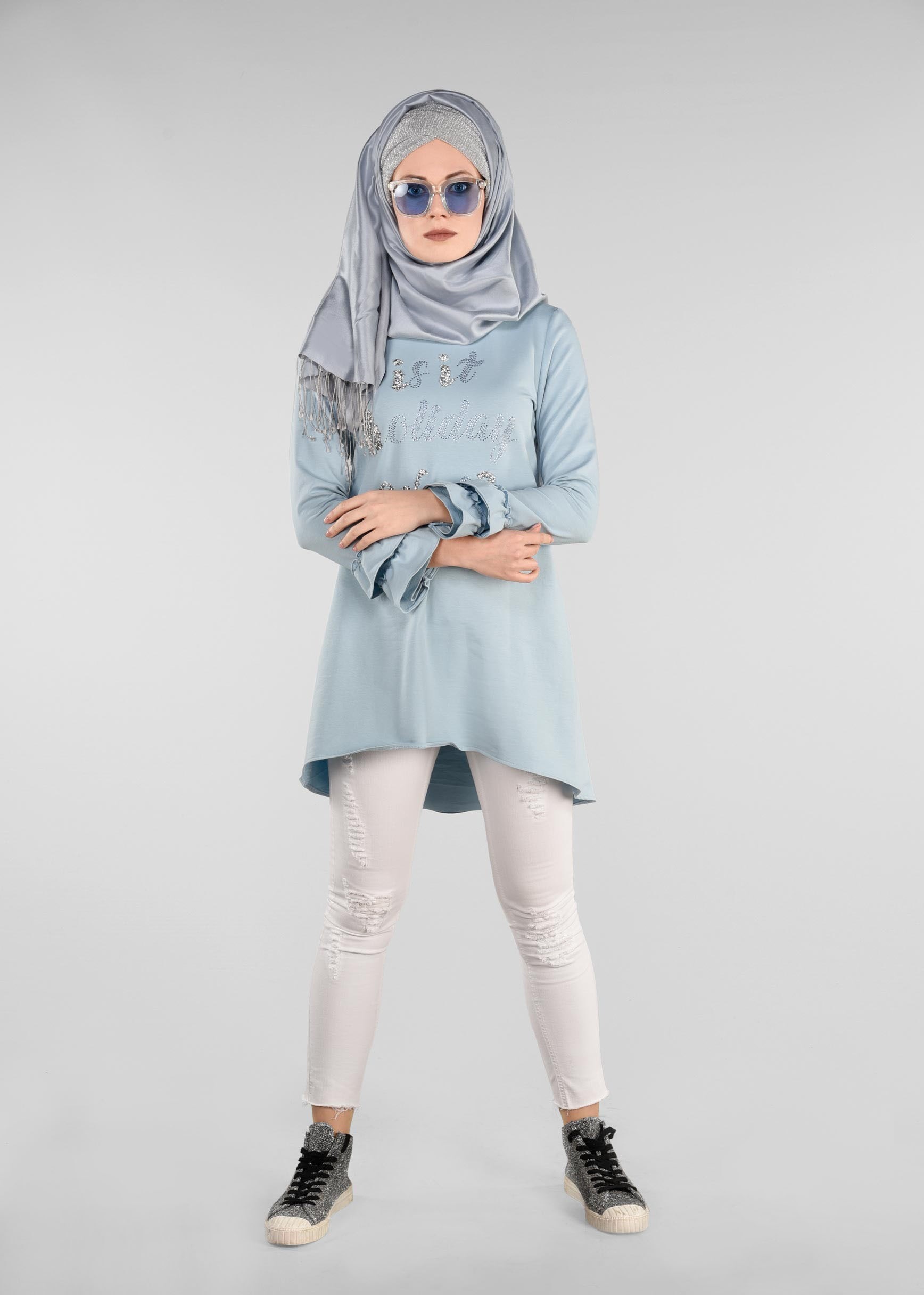 Tesettür giyim MAVİ KOL KISMI FIRFIRLI EŞOFMAN TUNİK 4874