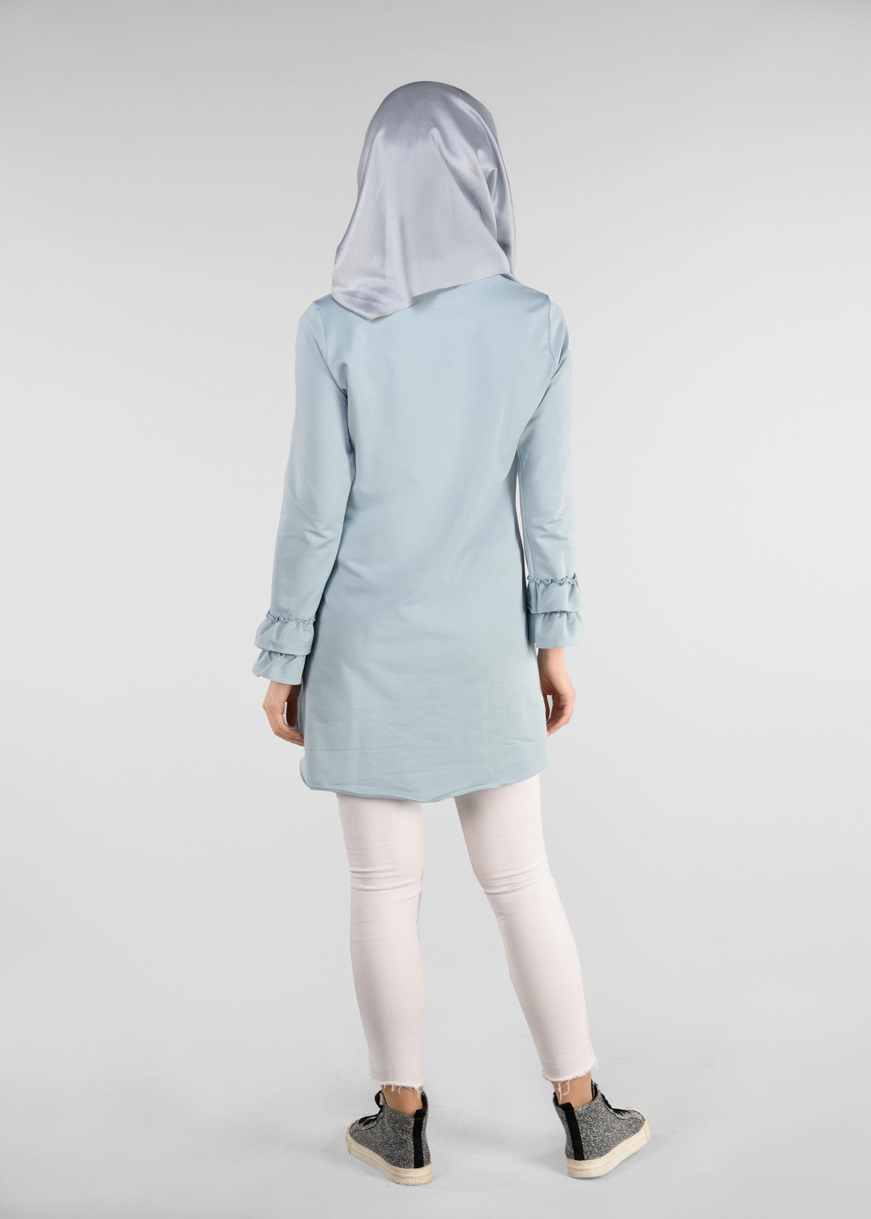 Tesettür giyim MAVİ KOL KISMI FIRFIRLI EŞOFMAN TUNİK 4874