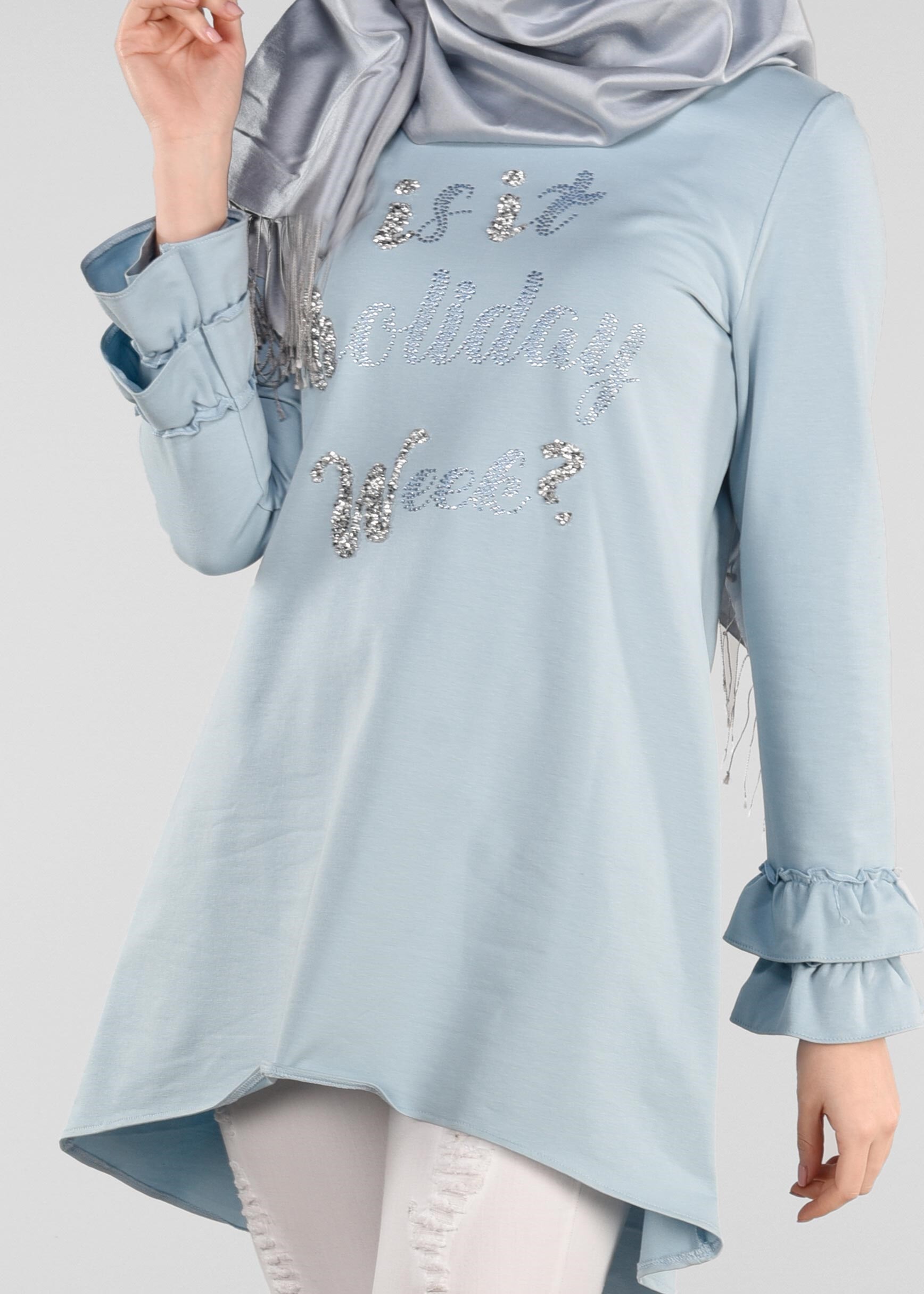 Tesettür giyim MAVİ KOL KISMI FIRFIRLI EŞOFMAN TUNİK 4874