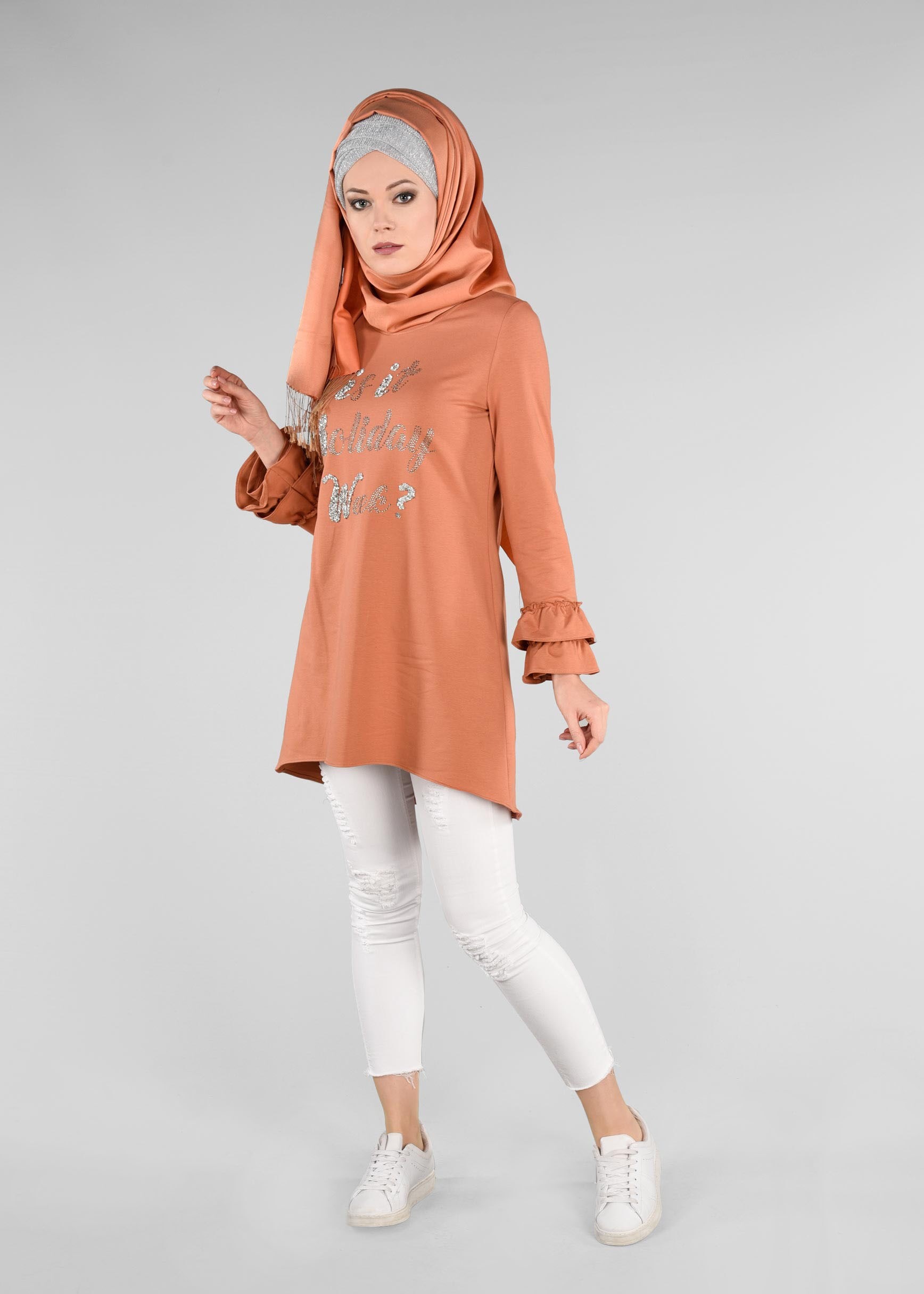 Tesettür giyim TURUNCU KOL KISMI FIRFIRLI EŞOFMAN TUNİK 4874