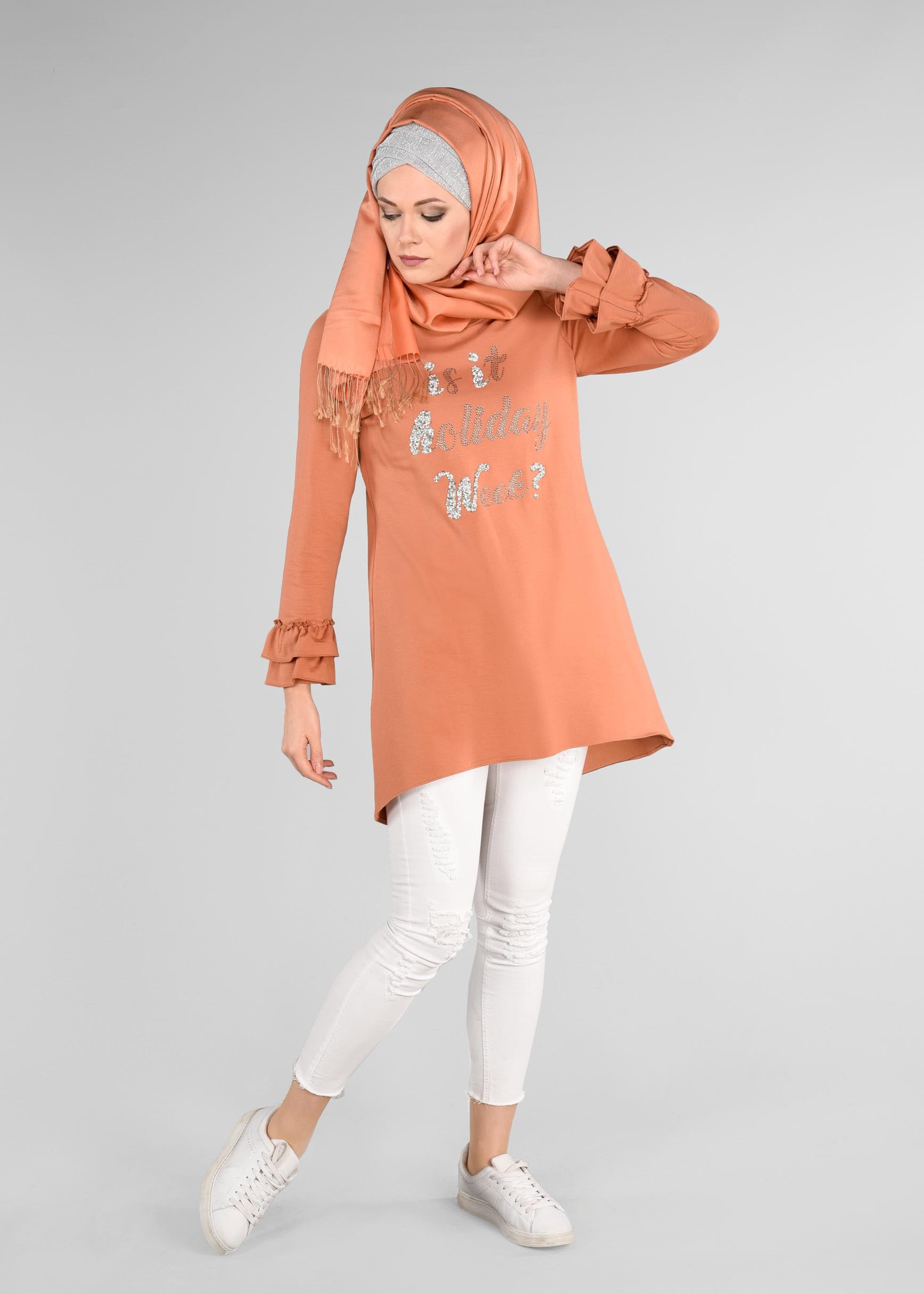 Tesettür giyim TURUNCU KOL KISMI FIRFIRLI EŞOFMAN TUNİK 4874